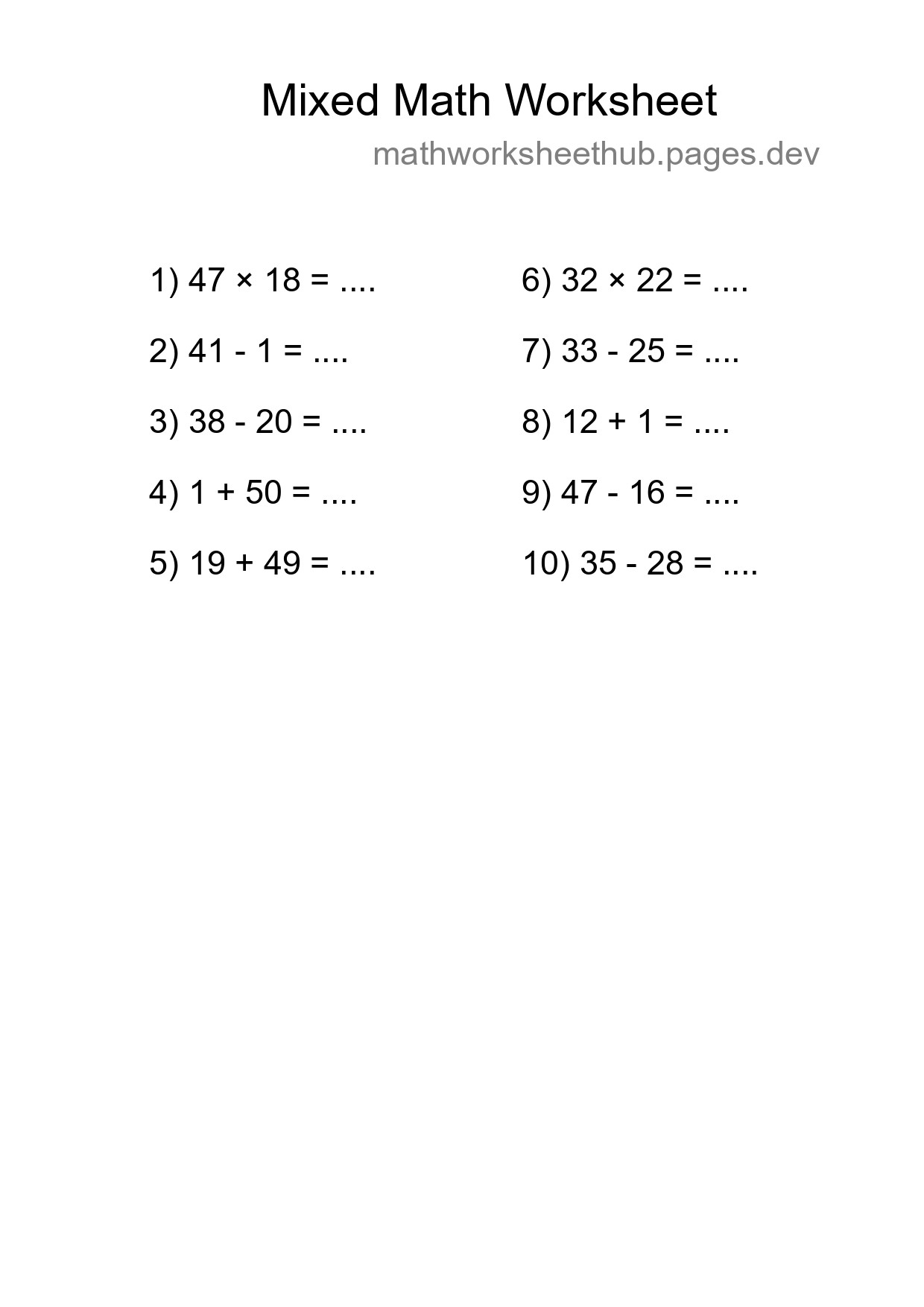 Mixed Operations Math Worksheet