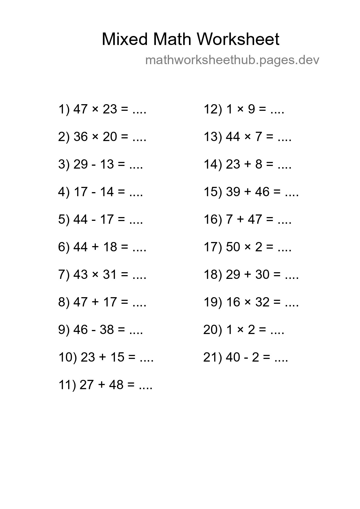 Mixed Operations Math Worksheet