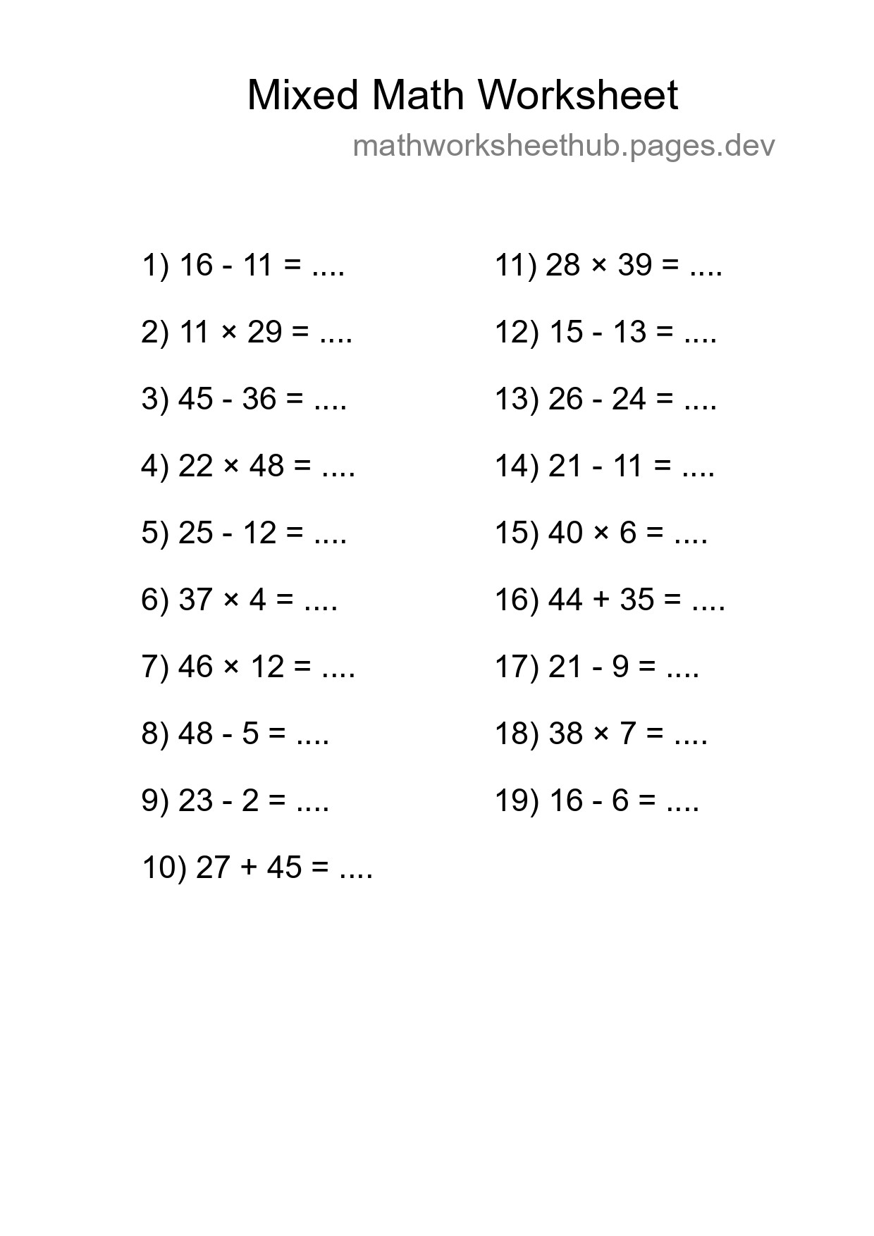 Mixed Operations Math Worksheet