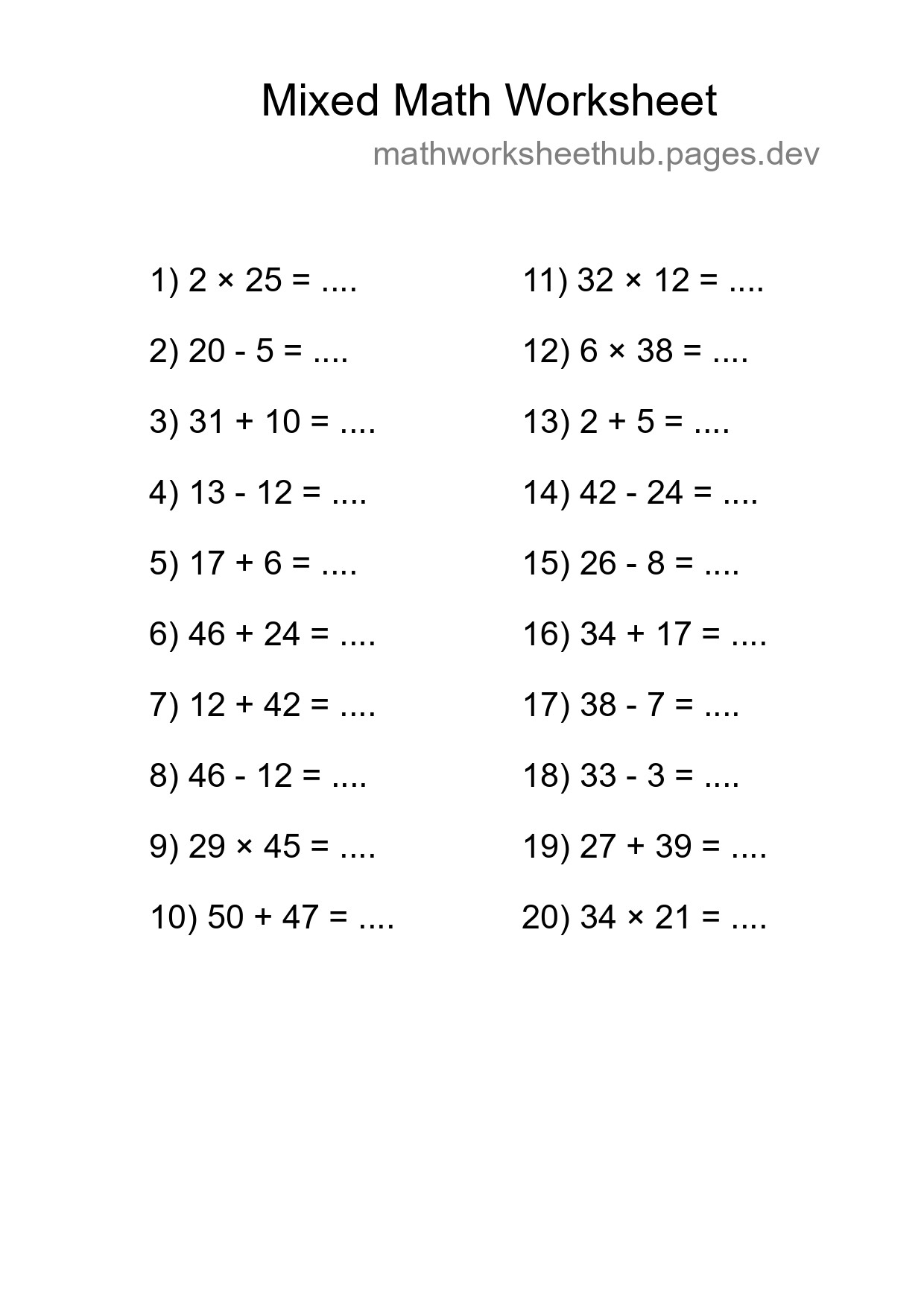 Mixed Operations Math Worksheet