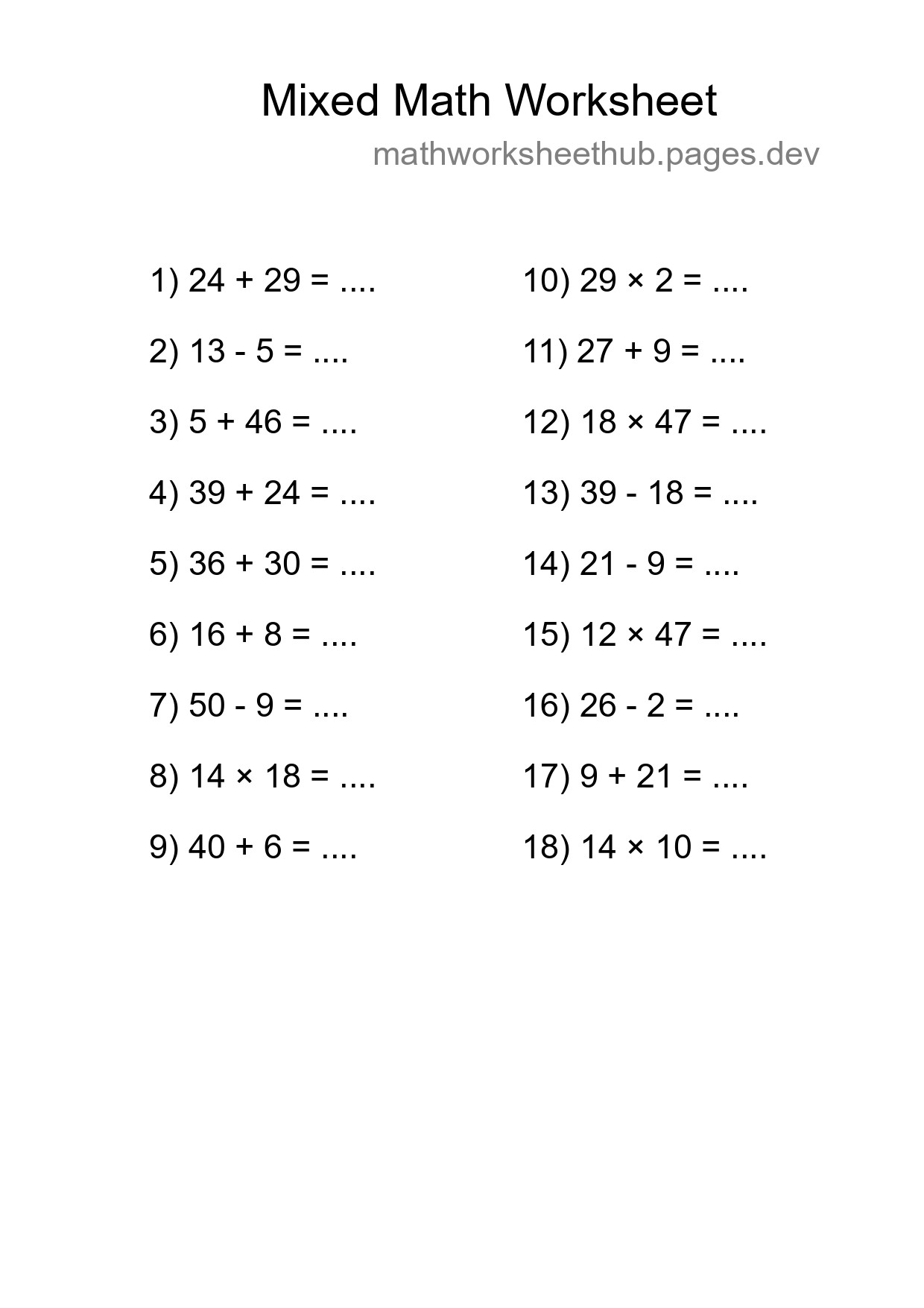 Mixed Operations Math Worksheet