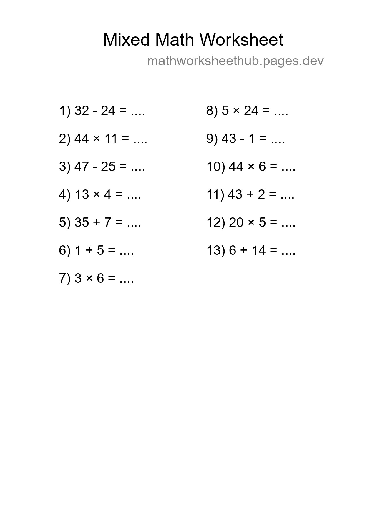 Mixed Operations Math Worksheet