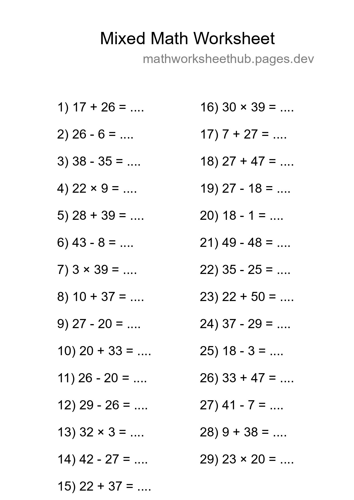 Mixed Operations Math Worksheet