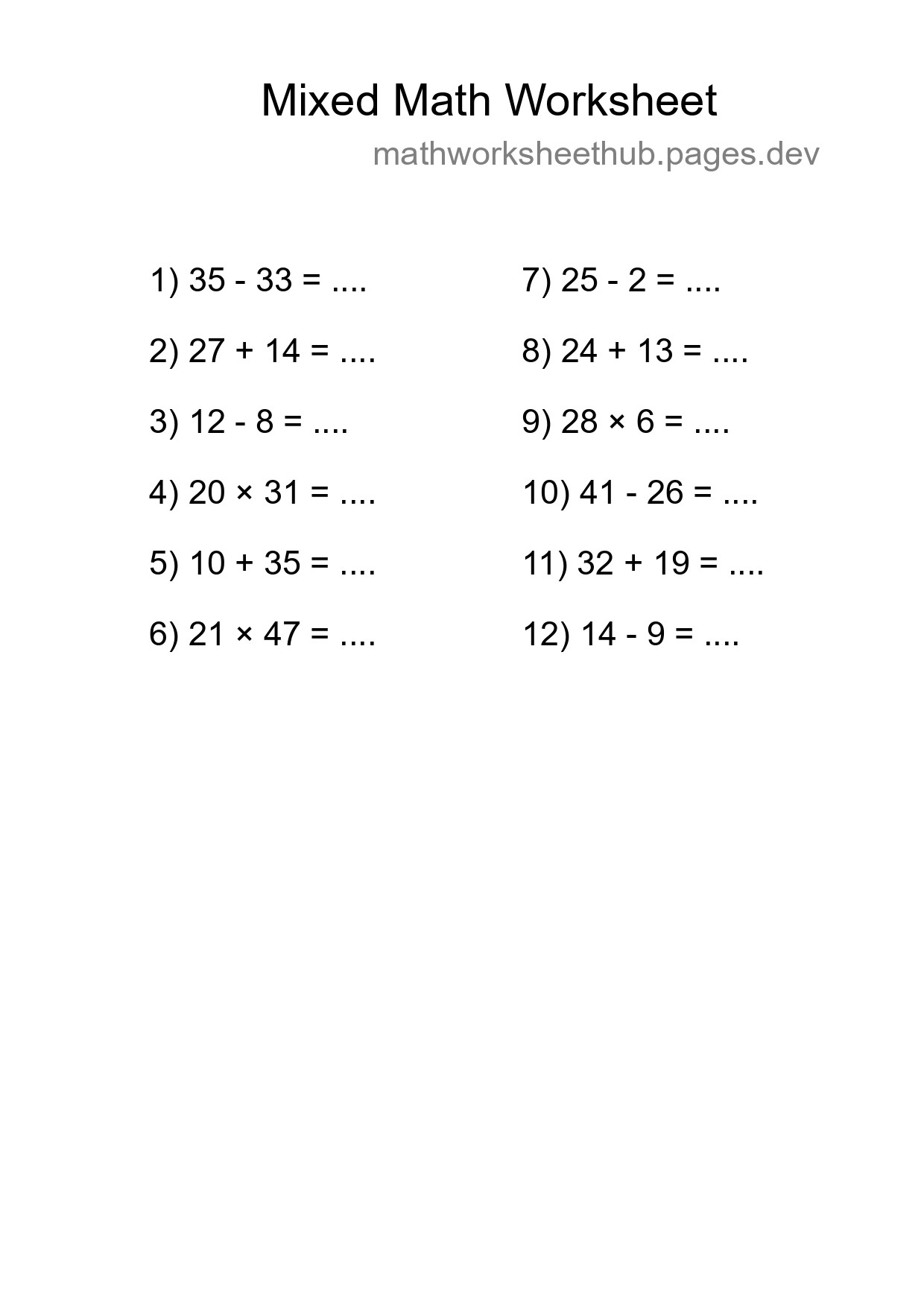 Mixed Operations Math Worksheet
