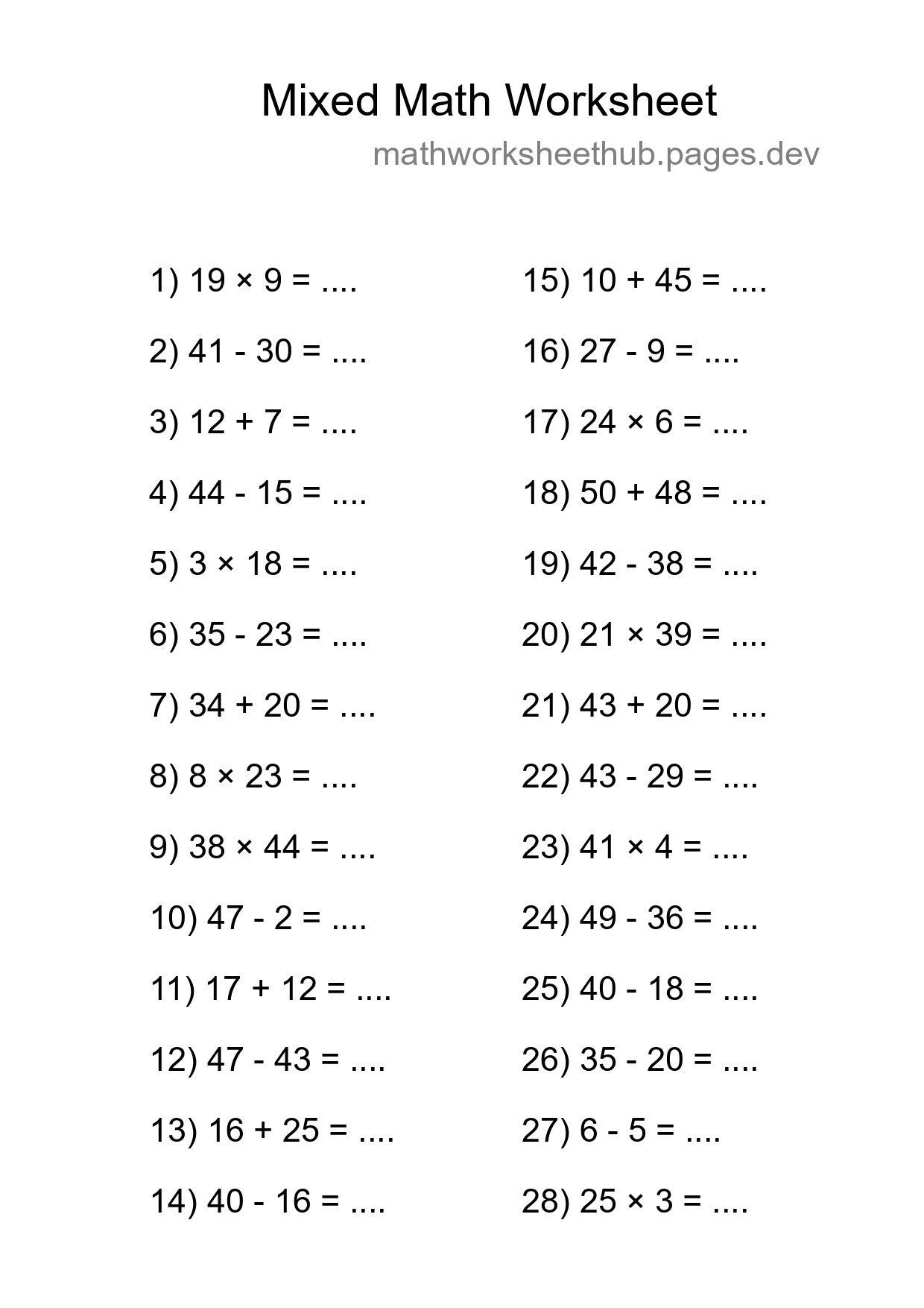 Mixed Operations Math Worksheet