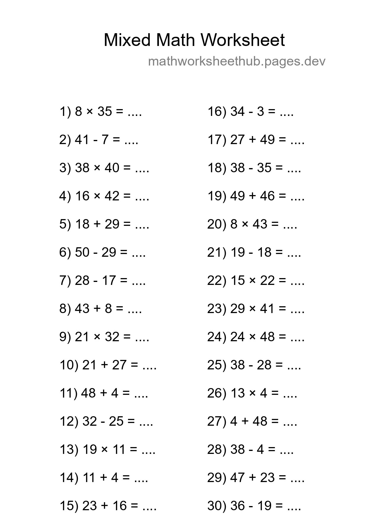 Mixed Operations Math Worksheet