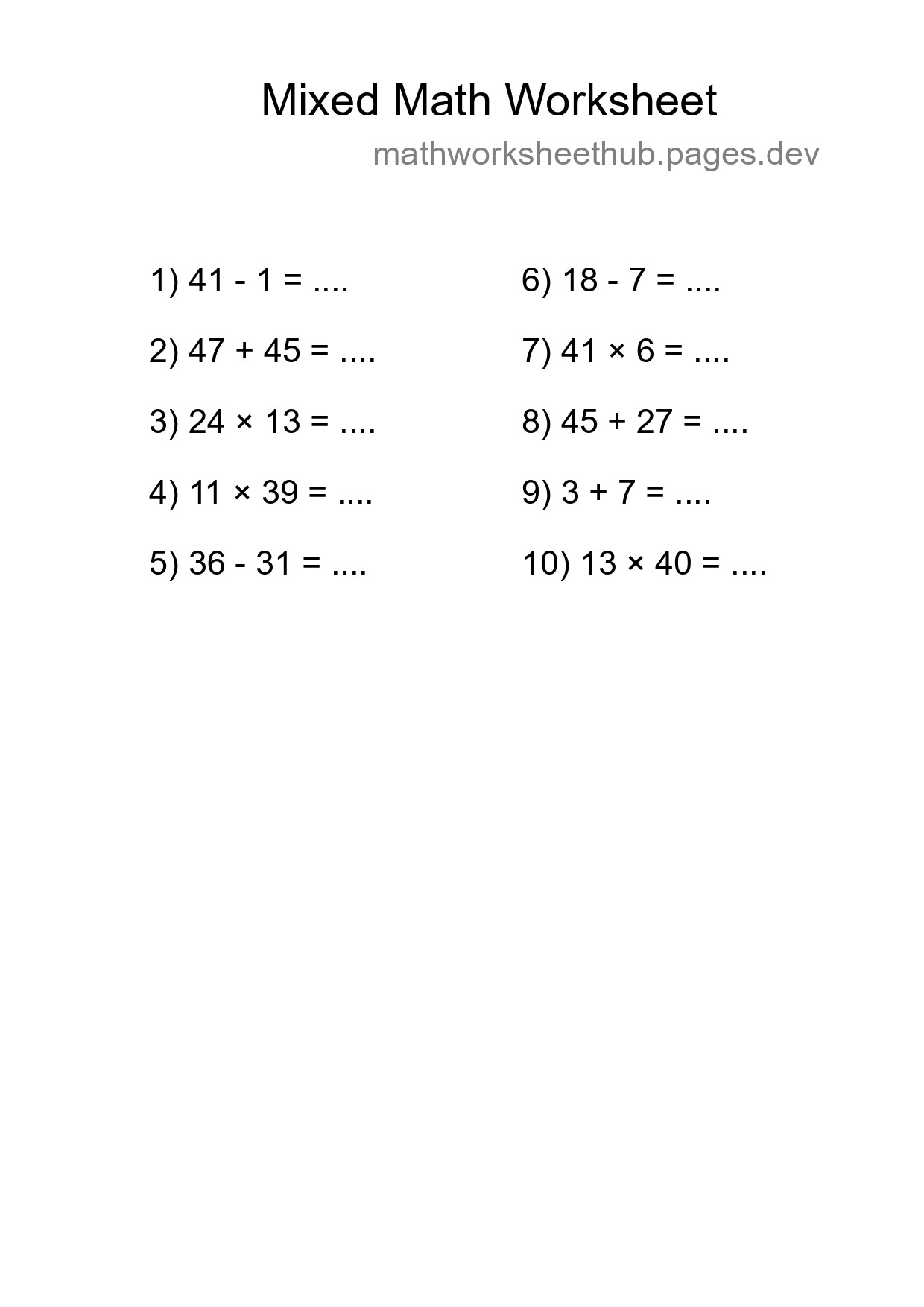 Mixed Operations Math Worksheet