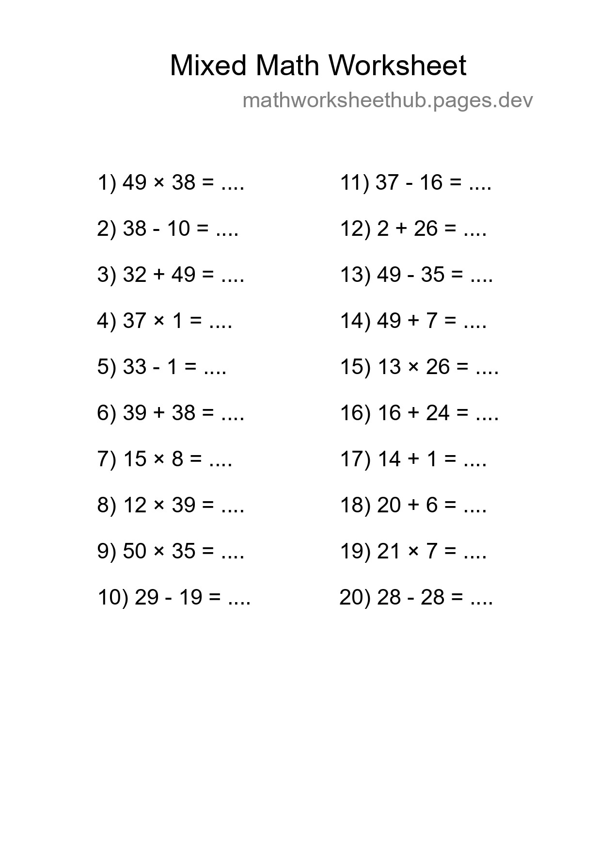 Mixed Operations Math Worksheet