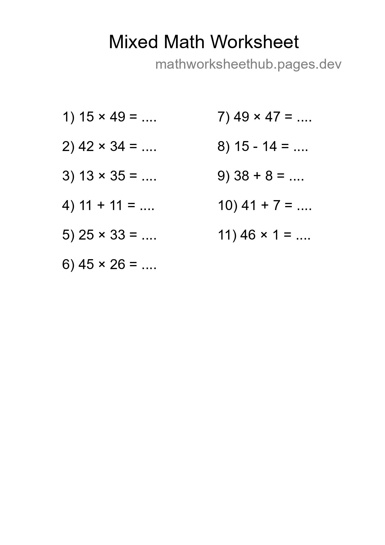 Mixed Operations Math Worksheet