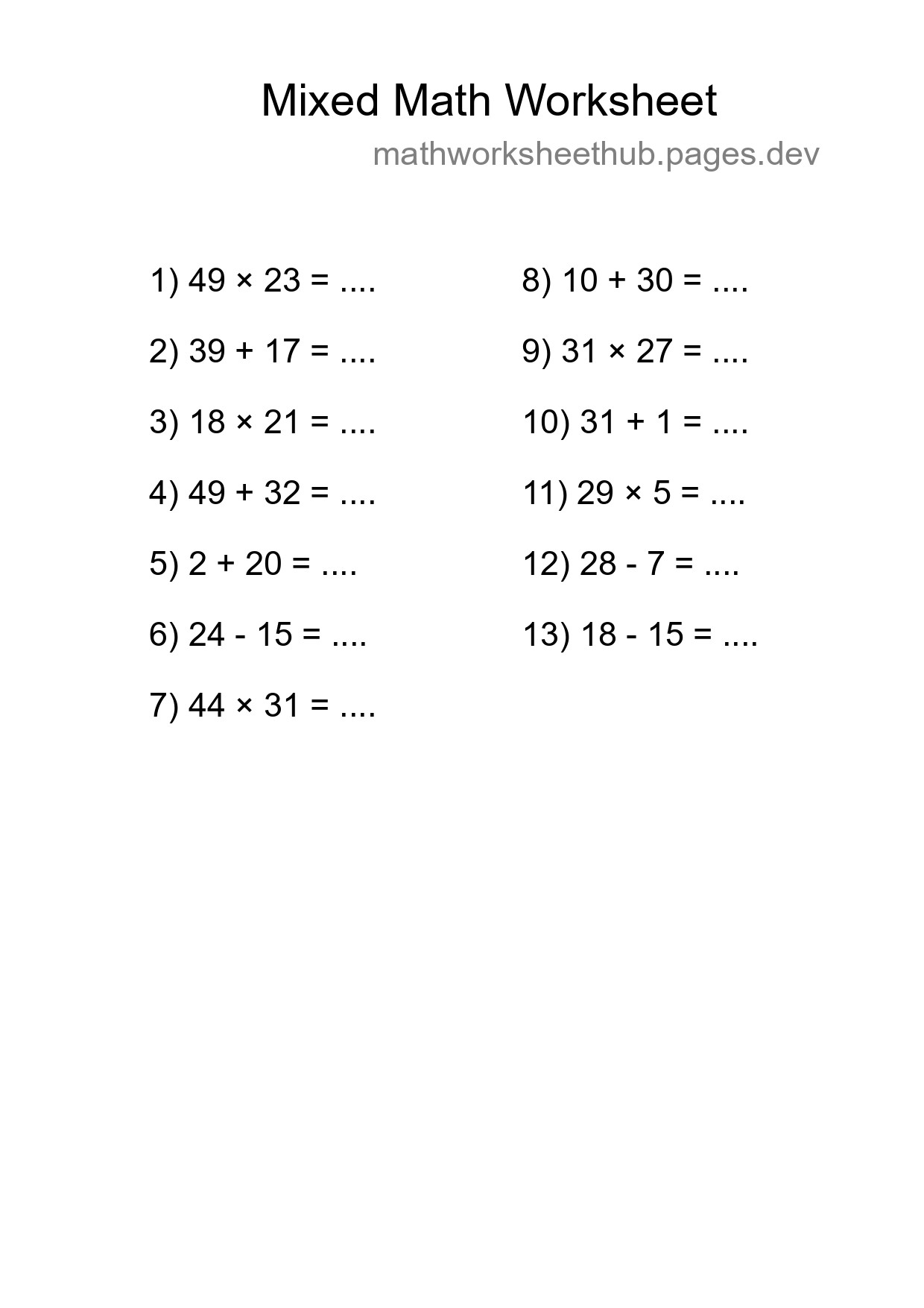 Mixed Operations Math Worksheet