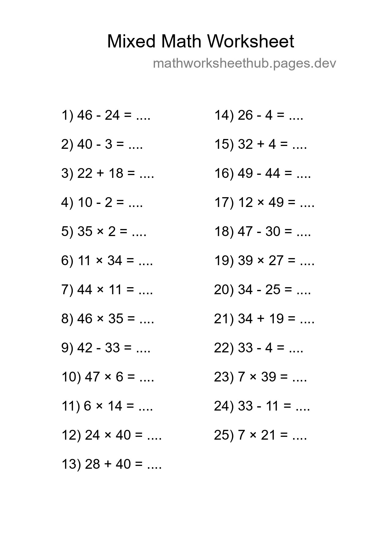 Mixed Operations Math Worksheet