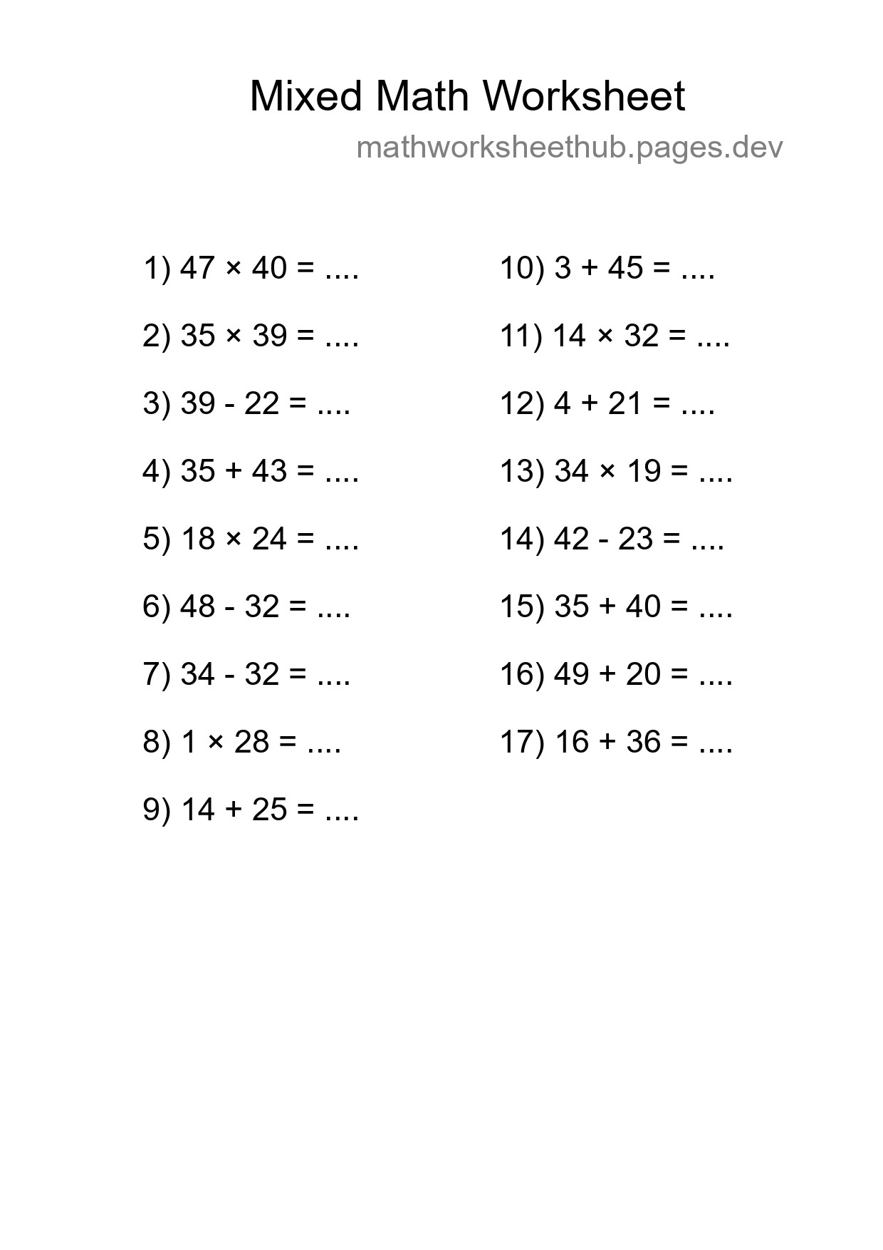 Mixed Operations Math Worksheet