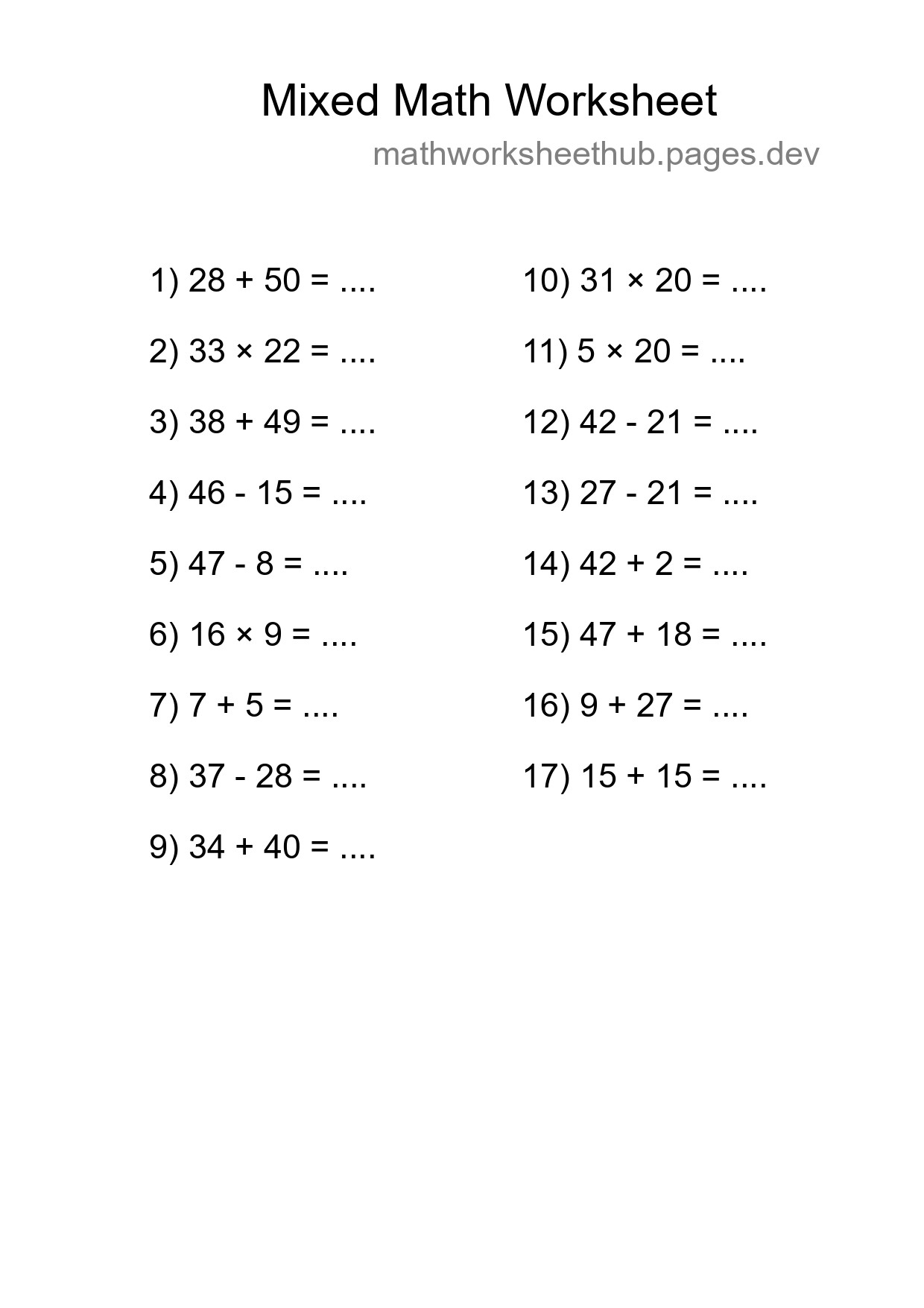 Mixed Operations Math Worksheet
