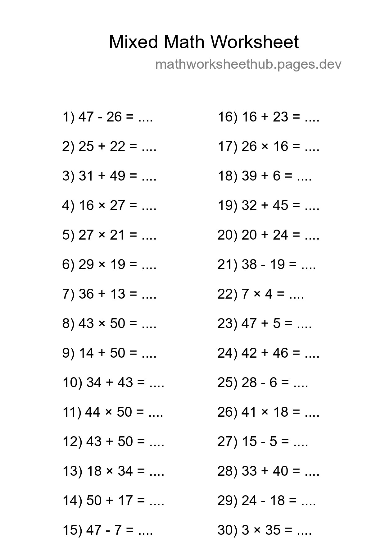 Mixed Operations Math Worksheet