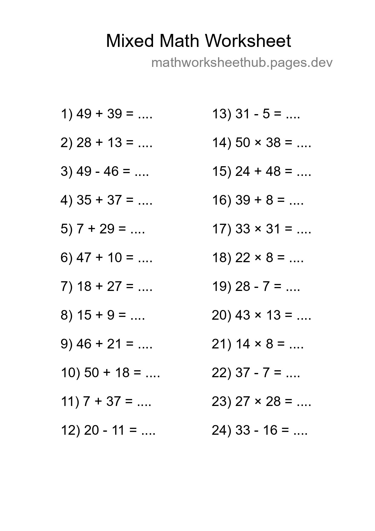 Mixed Operations Math Worksheet