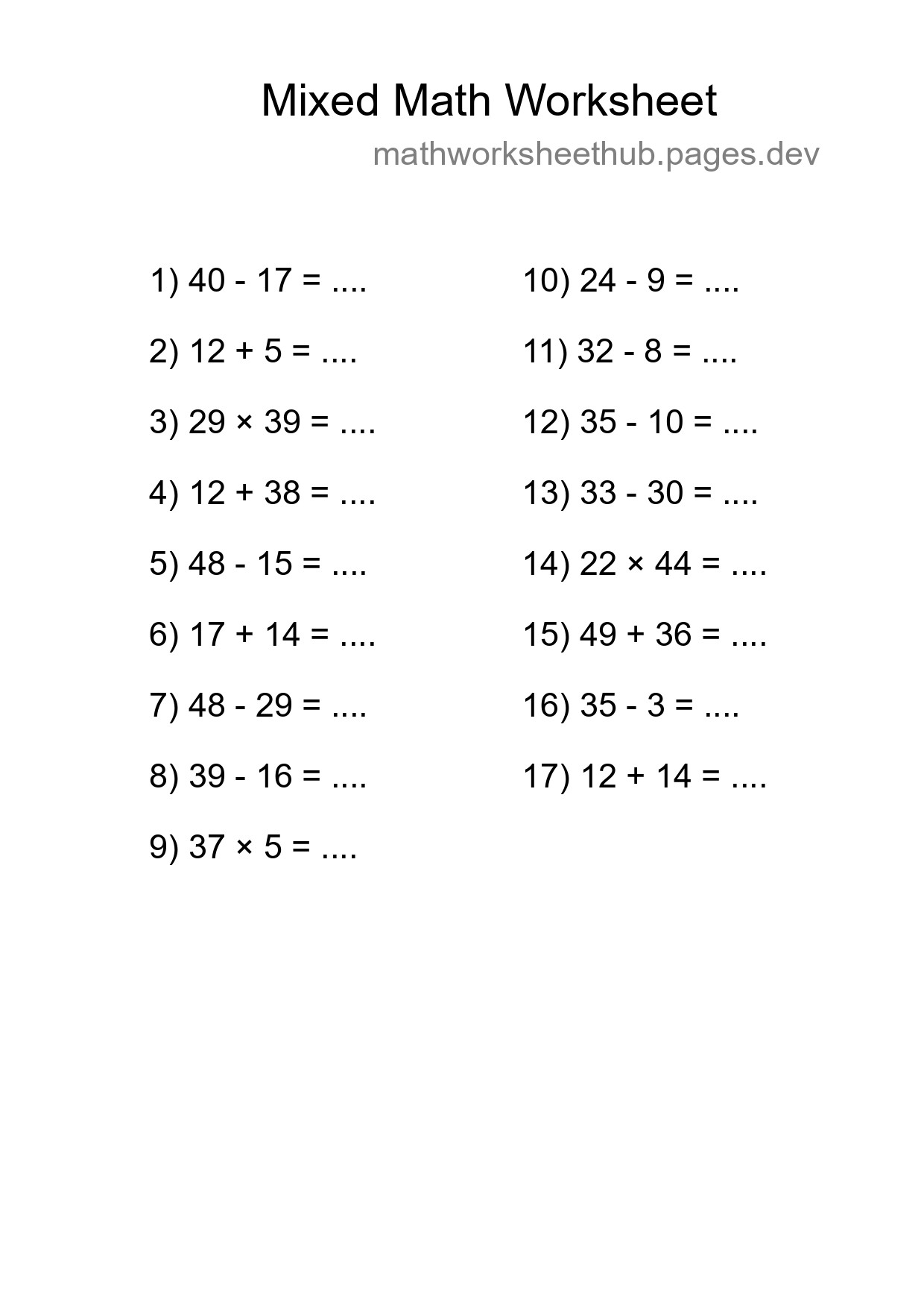 Mixed Operations Math Worksheet