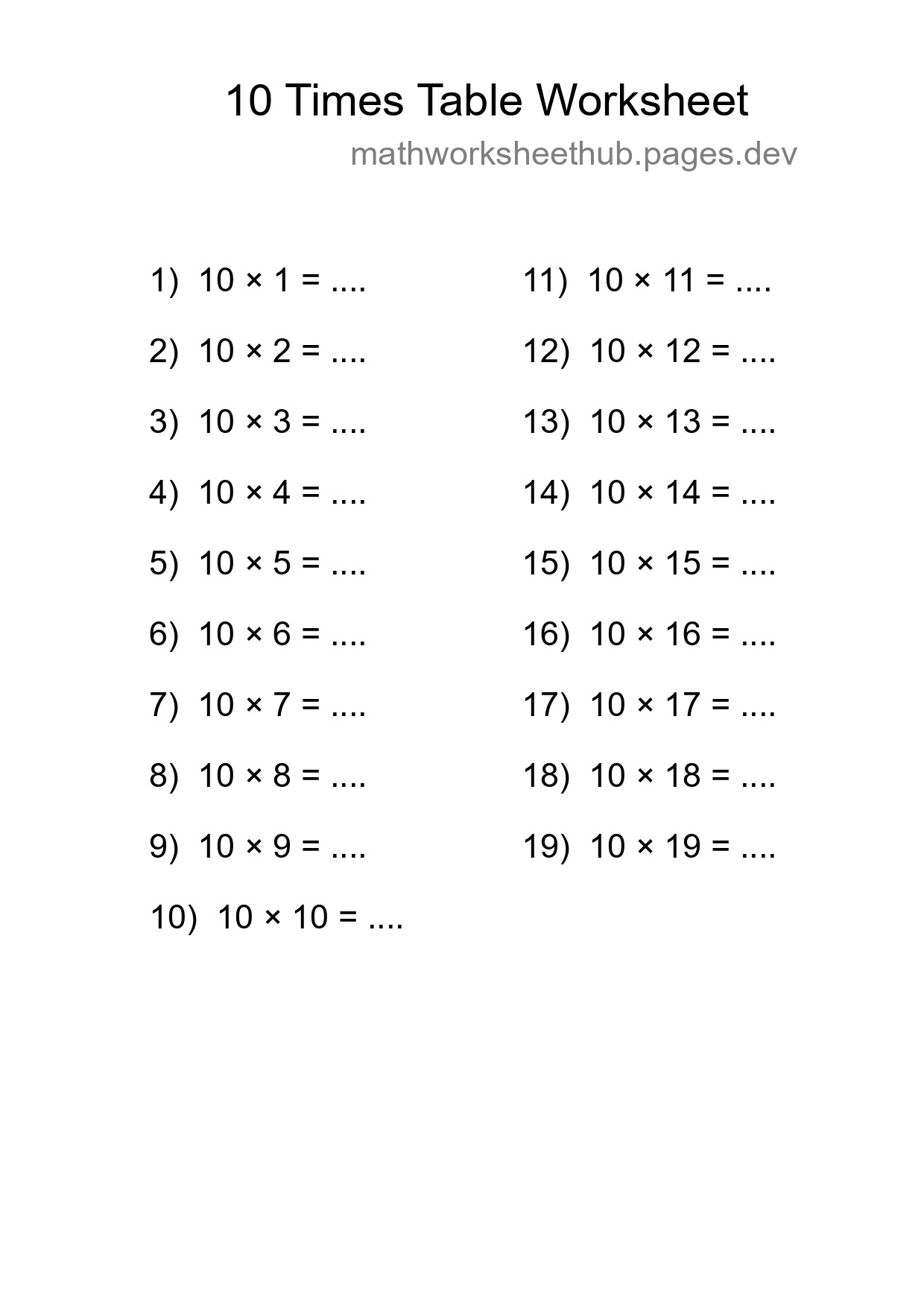 Printable 10 Times Table Worksheet For Grade 3 - Part 129