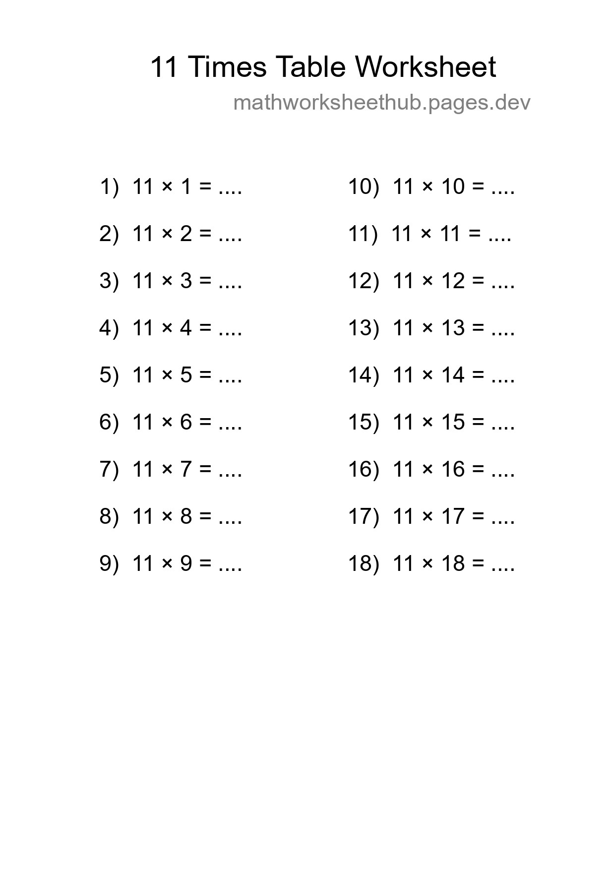 Printable 11 Times Table Worksheet For Grade 4 - Part 179
