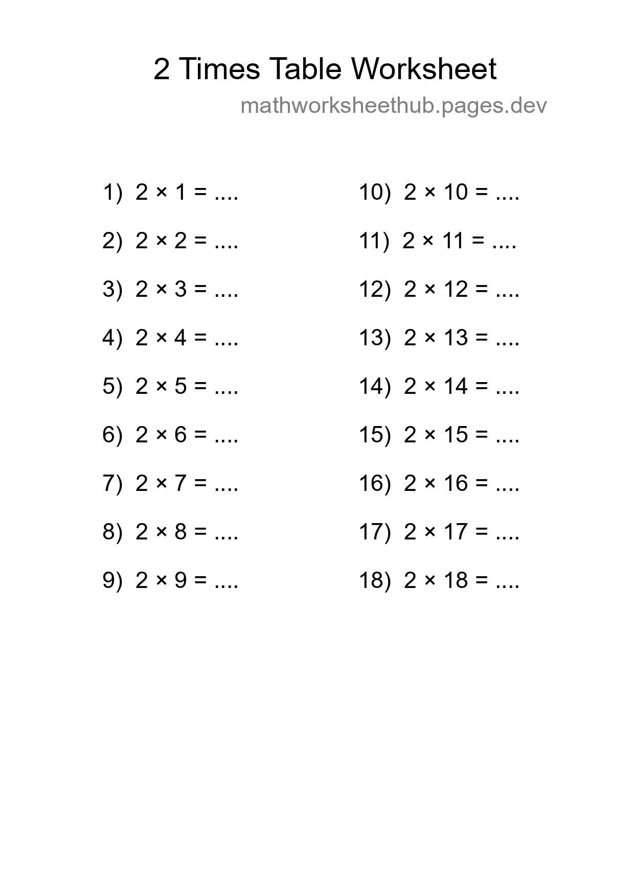 Printable 2 Times Table Worksheet For Grade 2 - Part 229