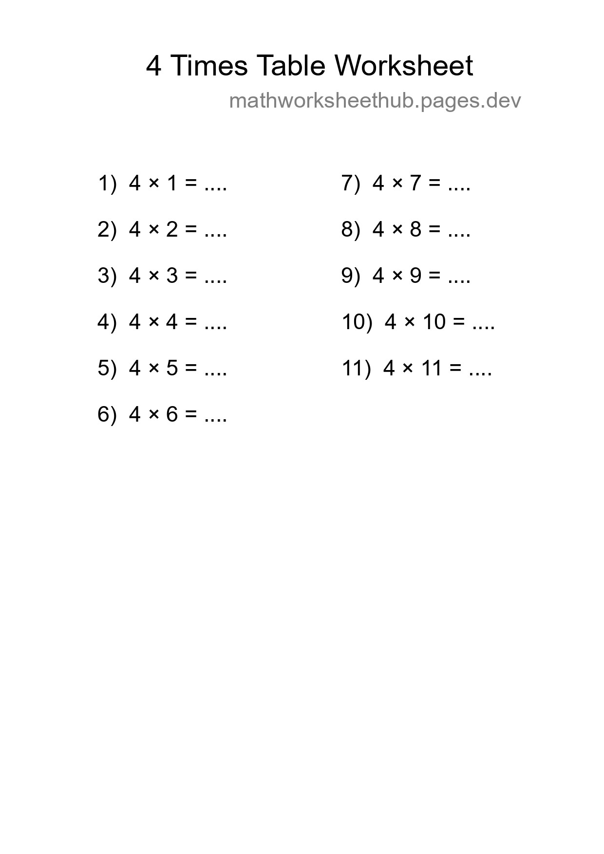 Printable 4 Times Table Worksheet For Grade 2 - Part 19