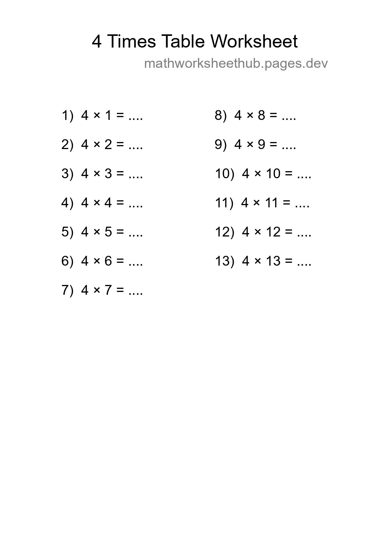 Printable 4 Times Table Worksheet For Grade 2 - Part 69