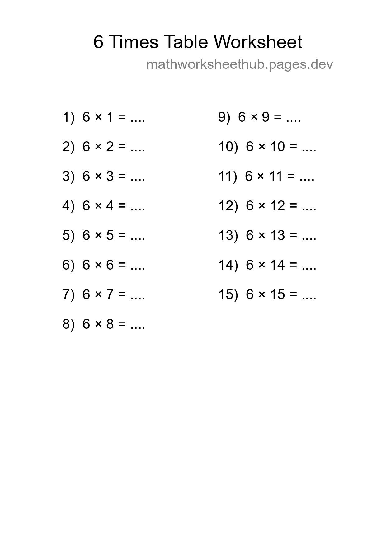 Printable 6 Times Table Worksheet For Grade 3 - Part 289