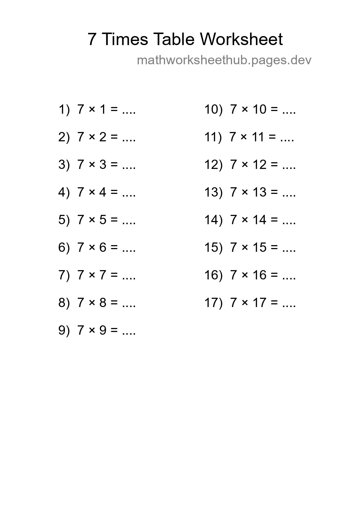 Printable 7 Times Table Worksheet For Grade 3 - Part 259