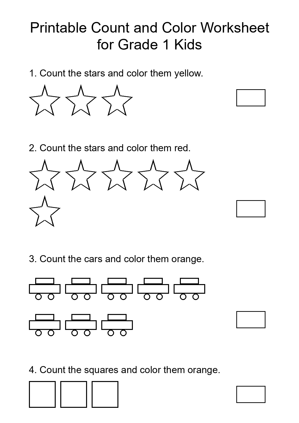 Printable Count and Color Worksheet for Grade 1 Kids