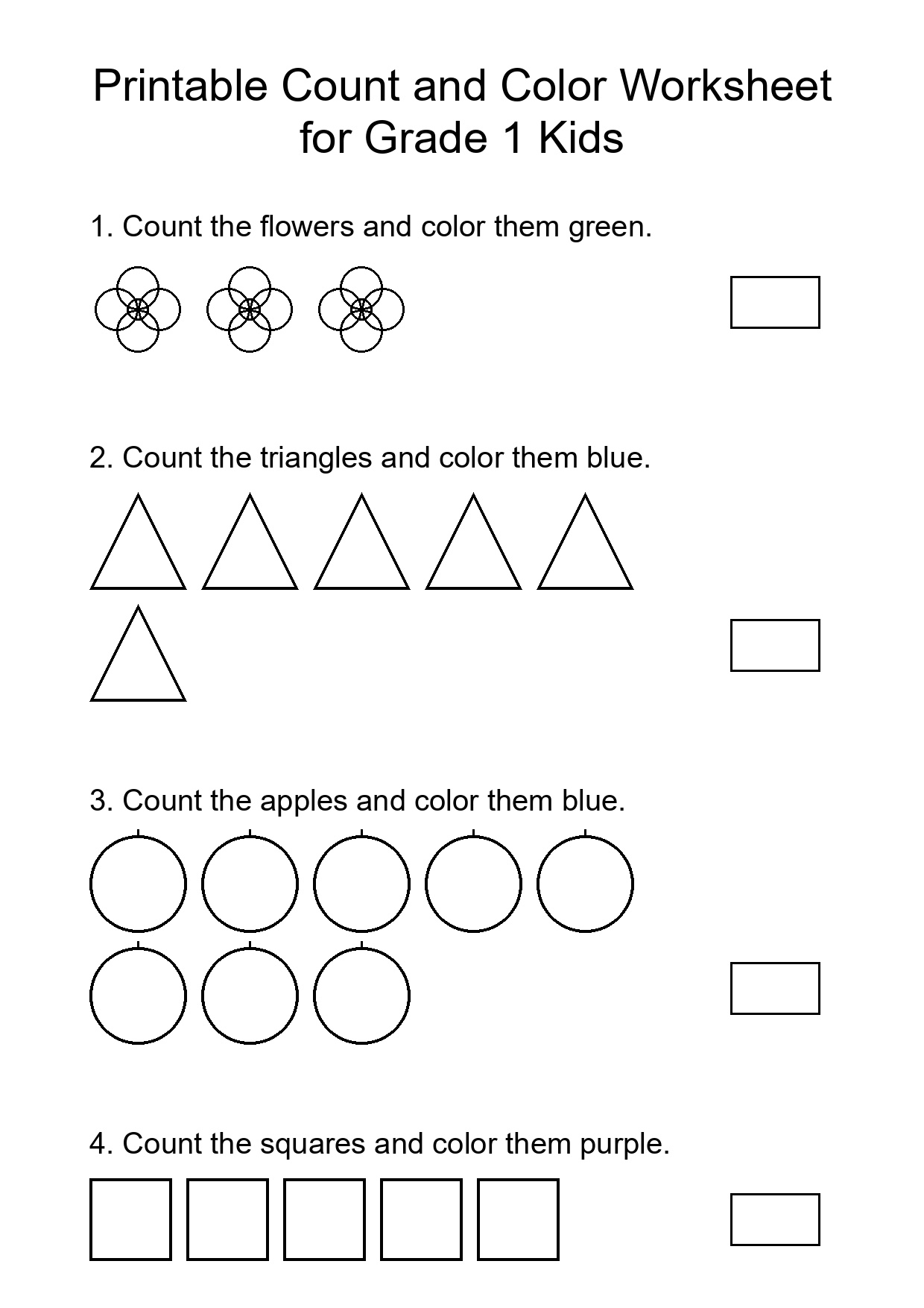 Printable Count and Color Worksheet for Grade 1 Kids