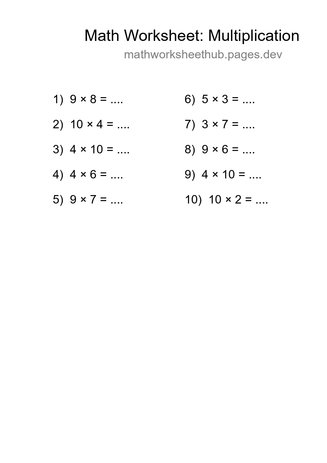 Printable Free 10 Multiplication Math Worksheet For Grade 1 - Part 47