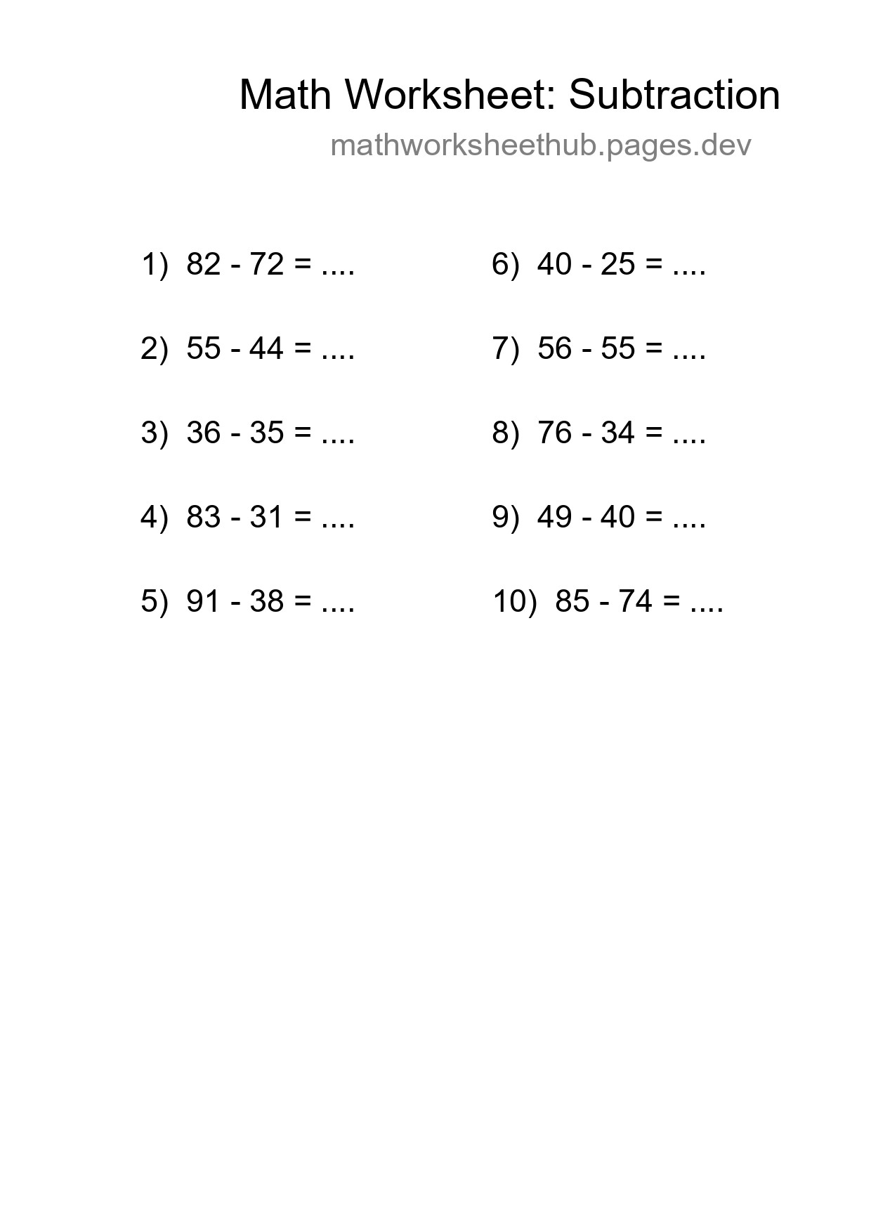 Printable Free 10 Subtraction Math Worksheet For Grade 3 - Part 28