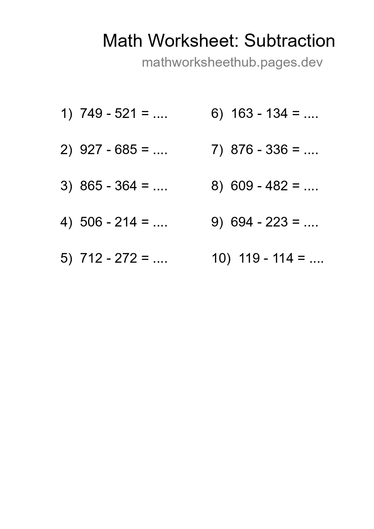 Printable Free 10 Subtraction Math Worksheet For Grade 5 - Part 168