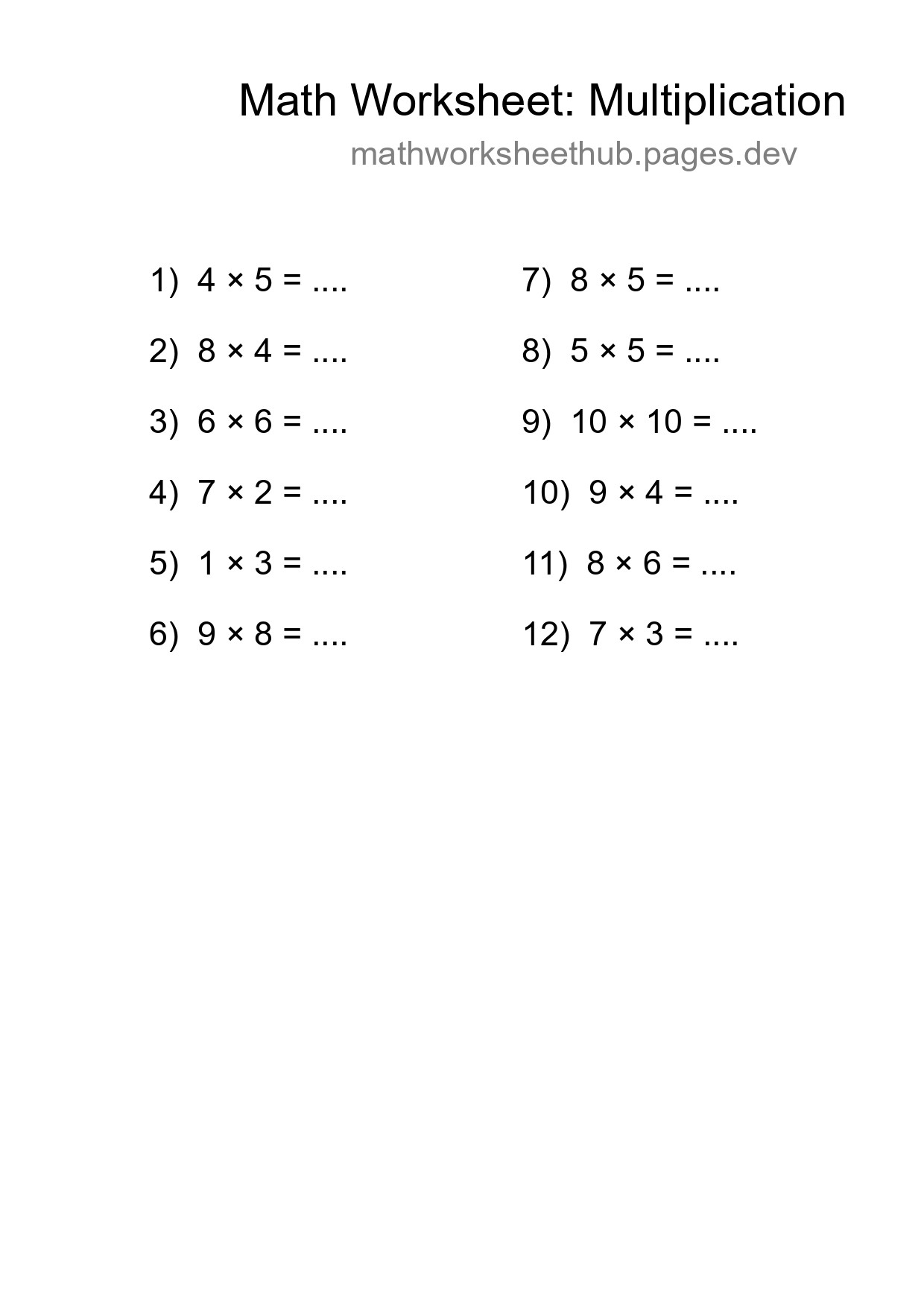 Printable Free 12 Multiplication Math Worksheet For Grade 1 - Part 237