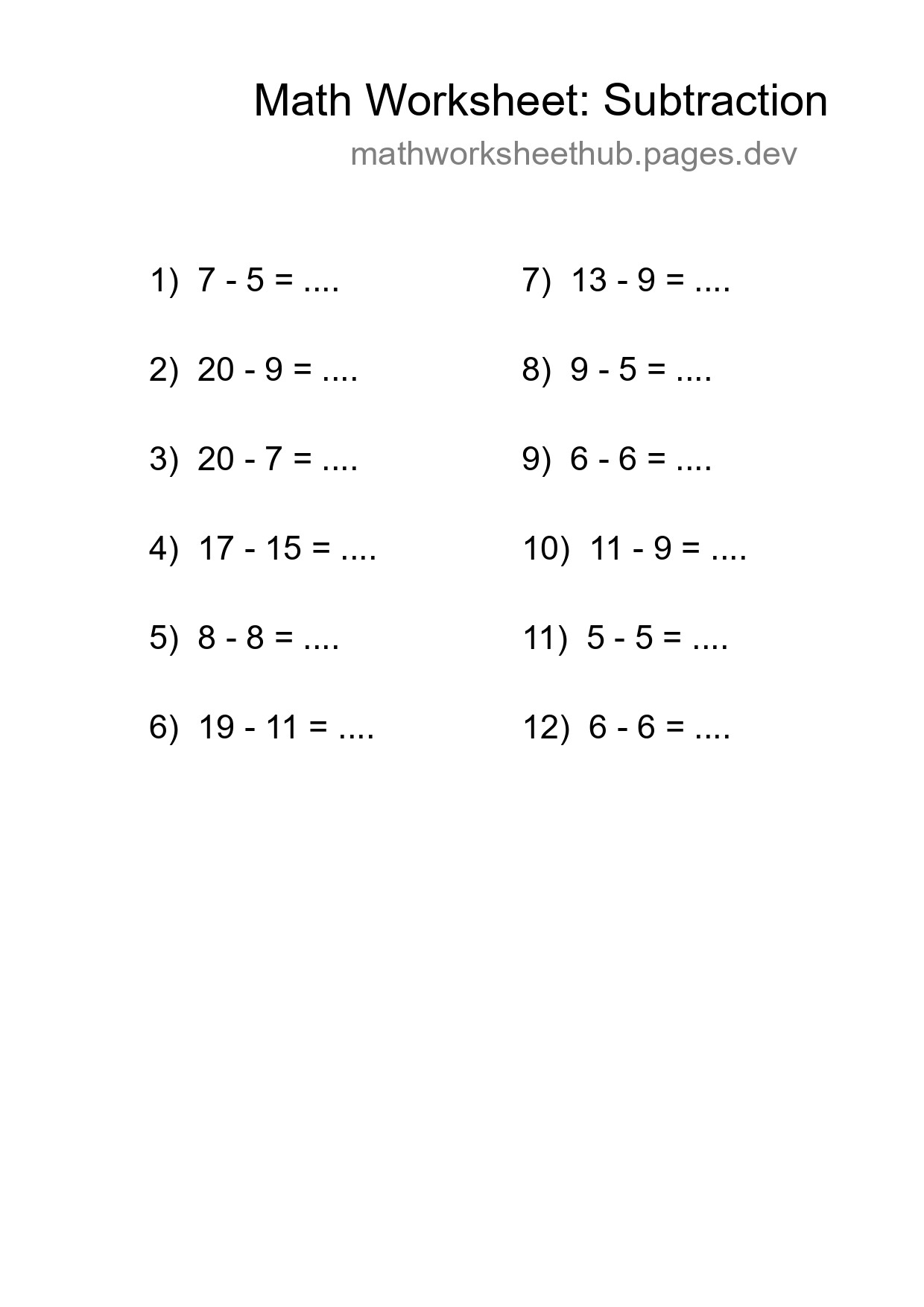 Printable Free 12 Subtraction Math Worksheet For Grade 2 - Part 278