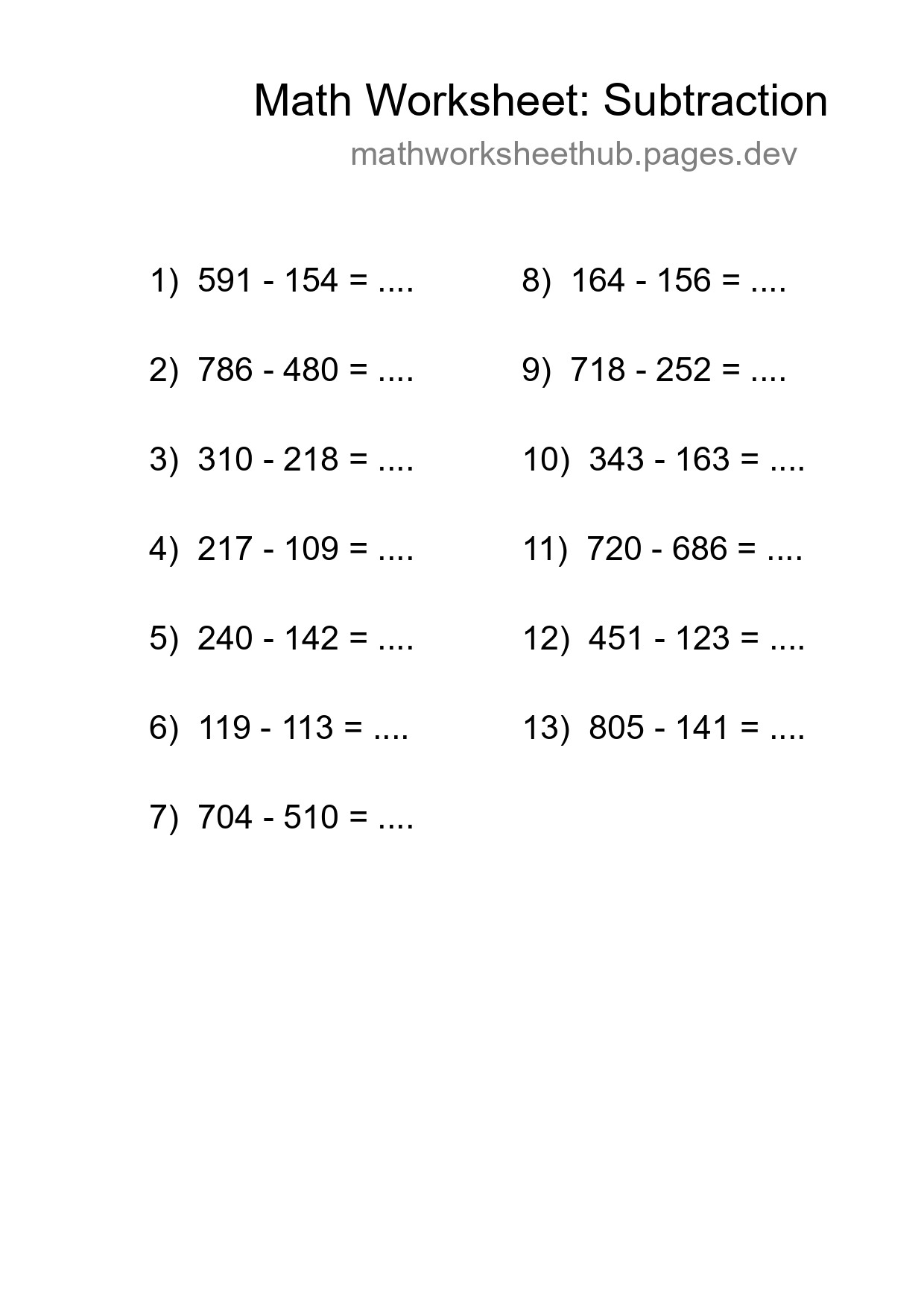 Printable Free 13 Subtraction Math Worksheet For Grade 5 - Part 288