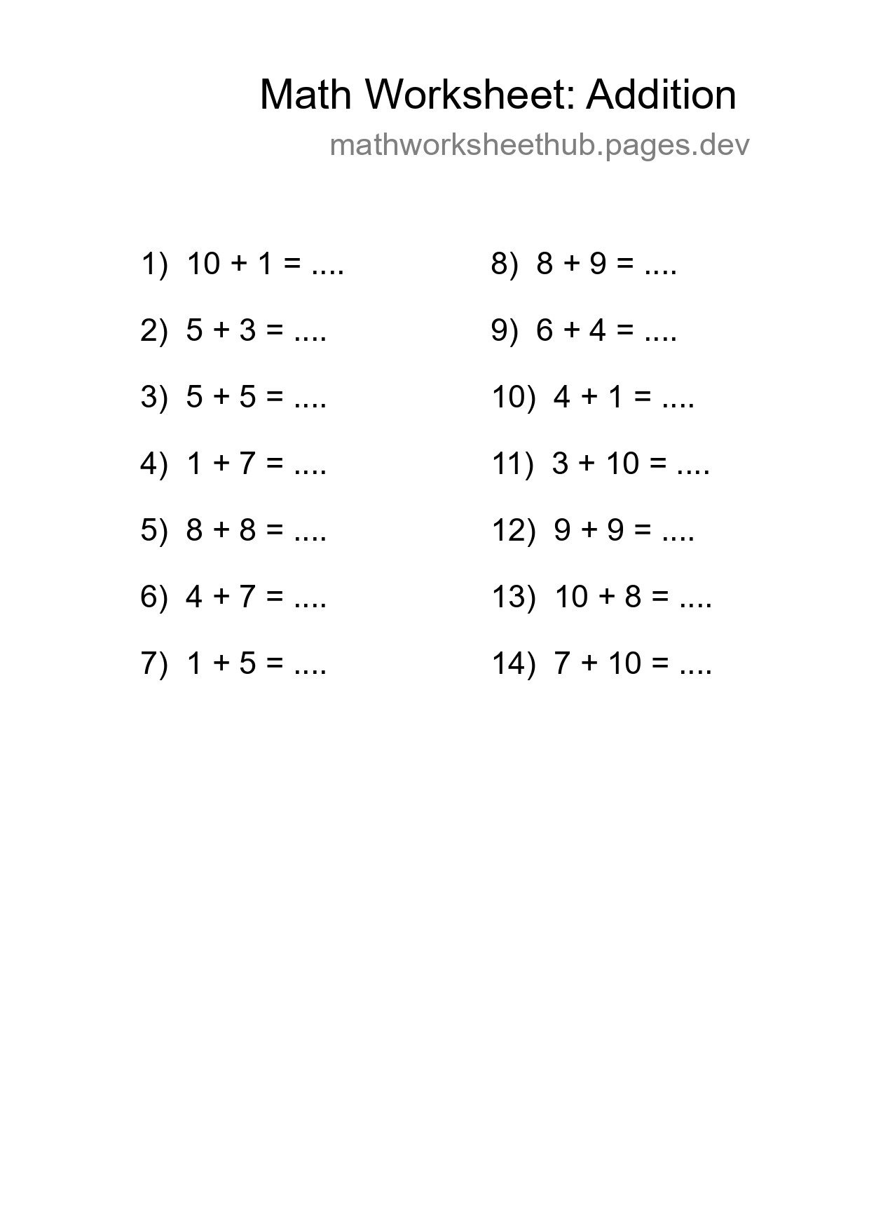 Printable Free 14 Addition Math Worksheet For Grade 1 - Part 191