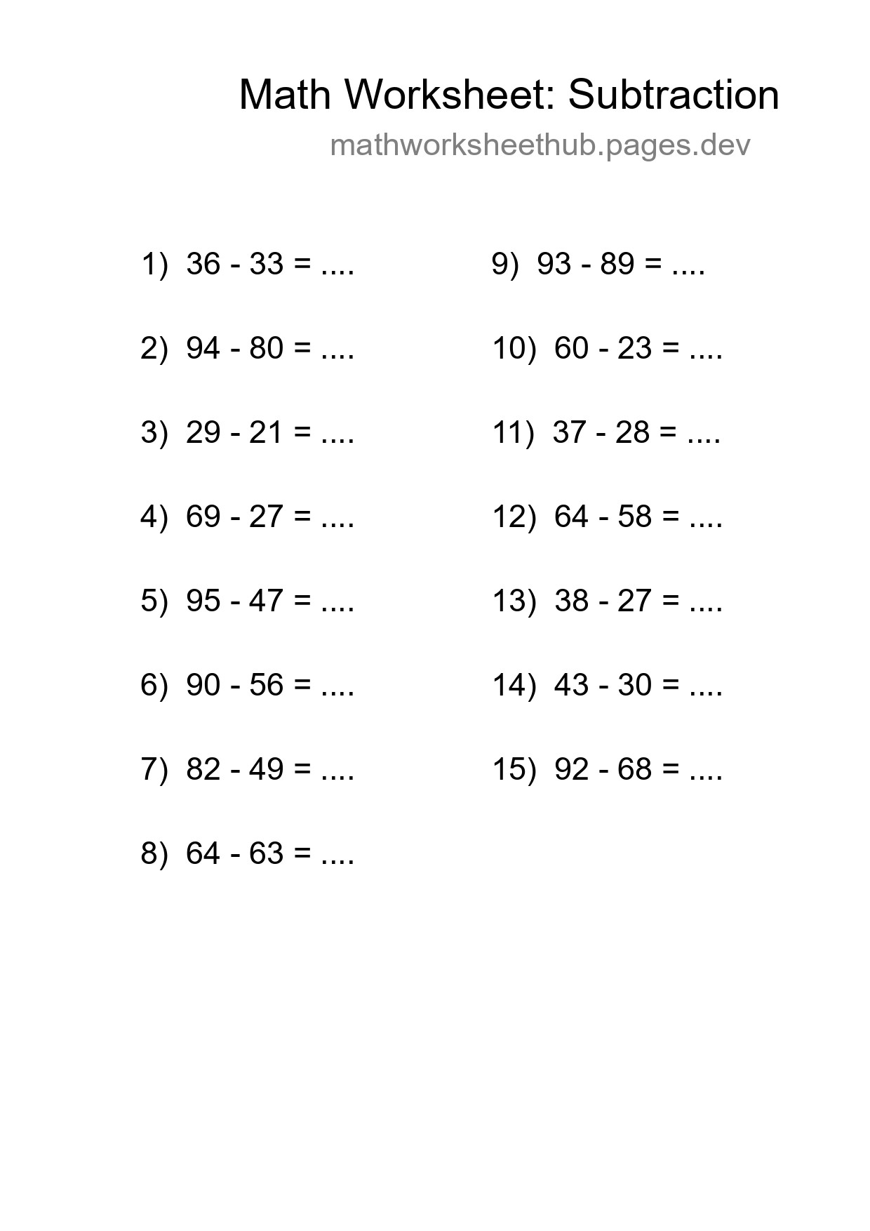 Printable Free 15 Subtraction Math Worksheet For Grade 3 - Part 108