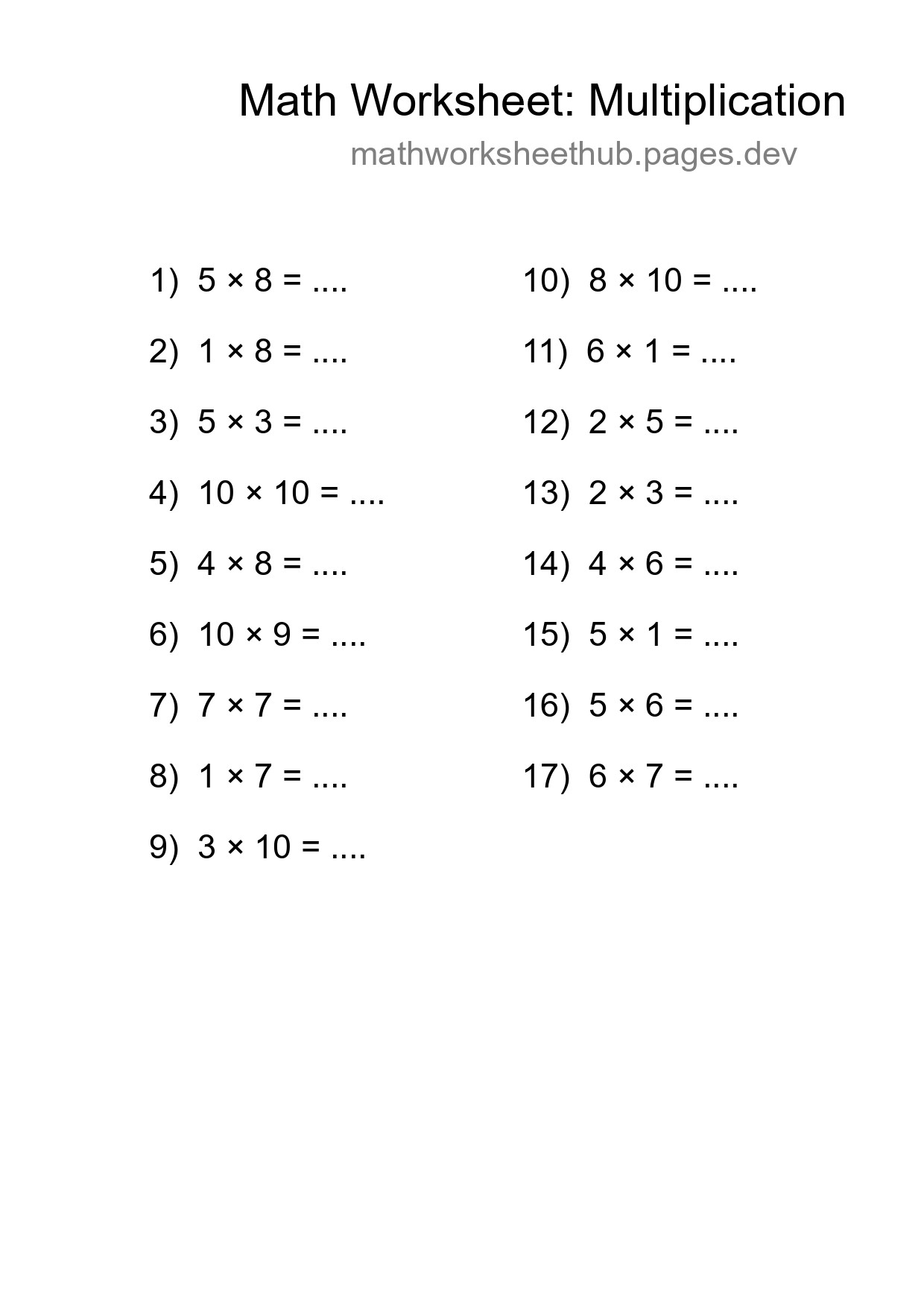 Printable Free 17 Multiplication Math Worksheet For Grade 1 - Part 57