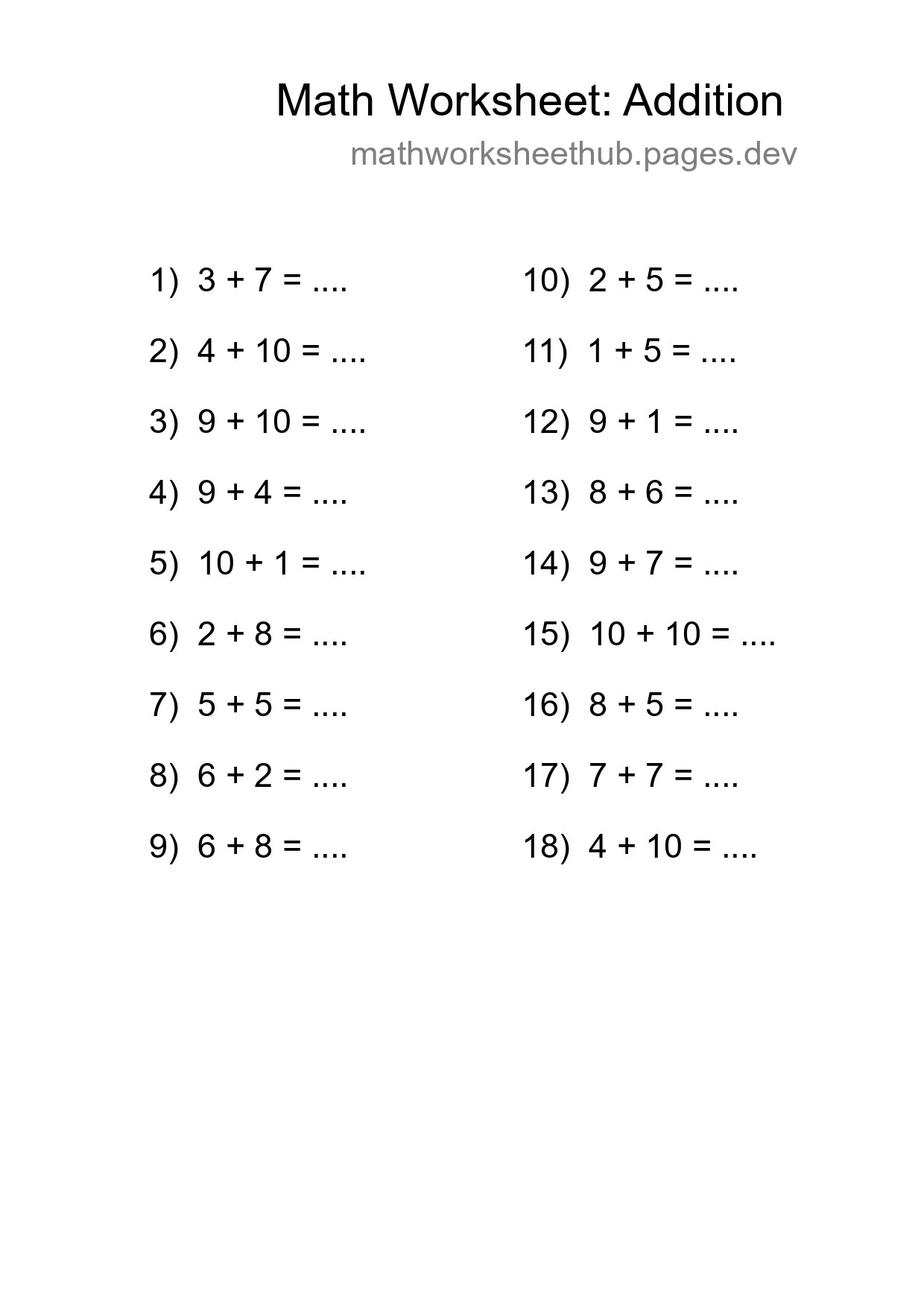 Printable Free 18 Addition Math Worksheet For Grade 1 - Part 221