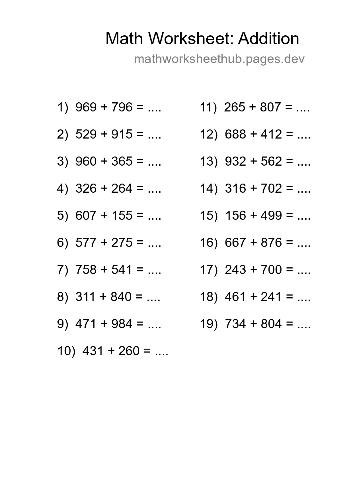 Printable Free 19 Addition Math Worksheet For Grade 5 - Part 131