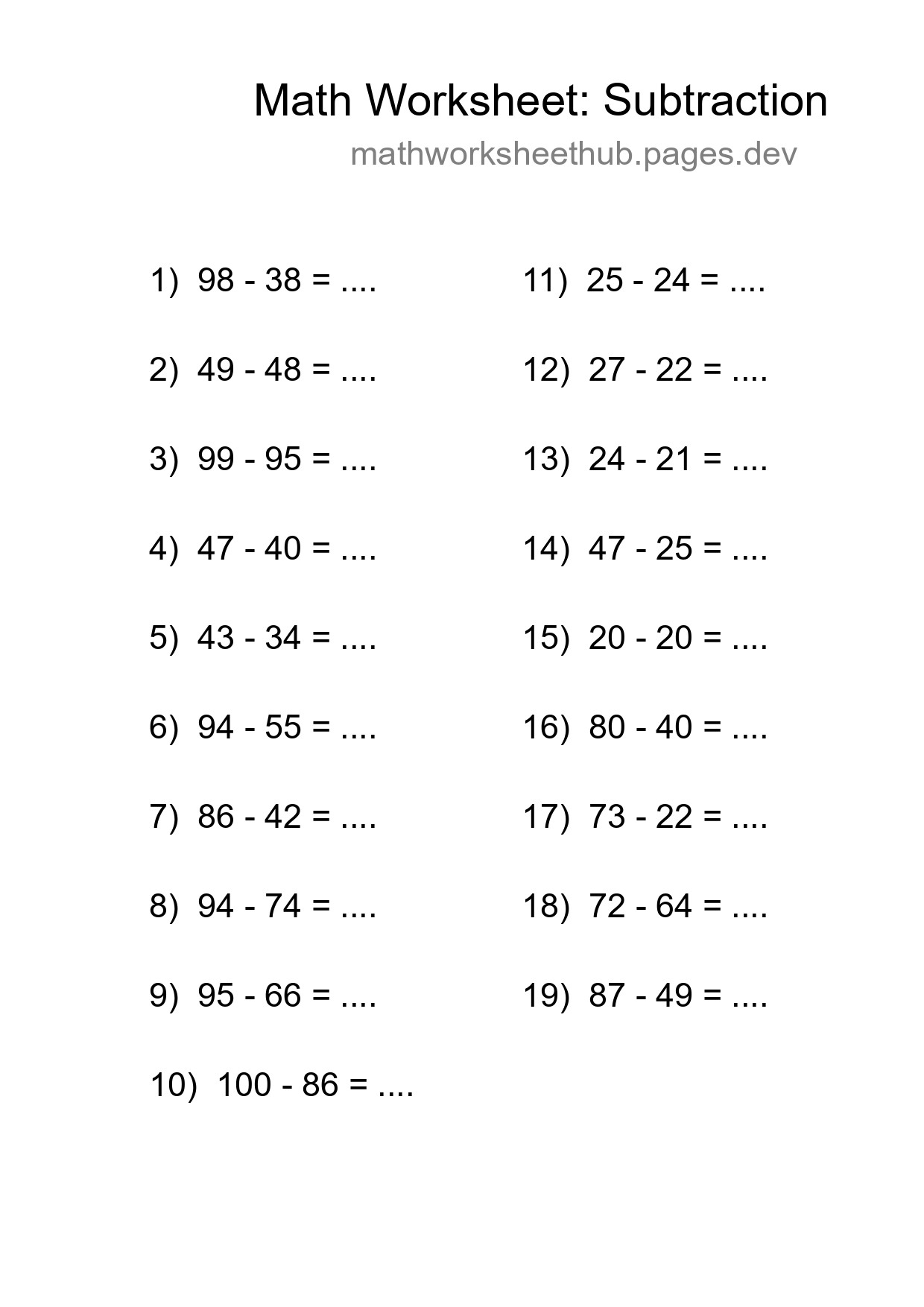 Printable Free 19 Subtraction Math Worksheet For Grade 3 - Part 158