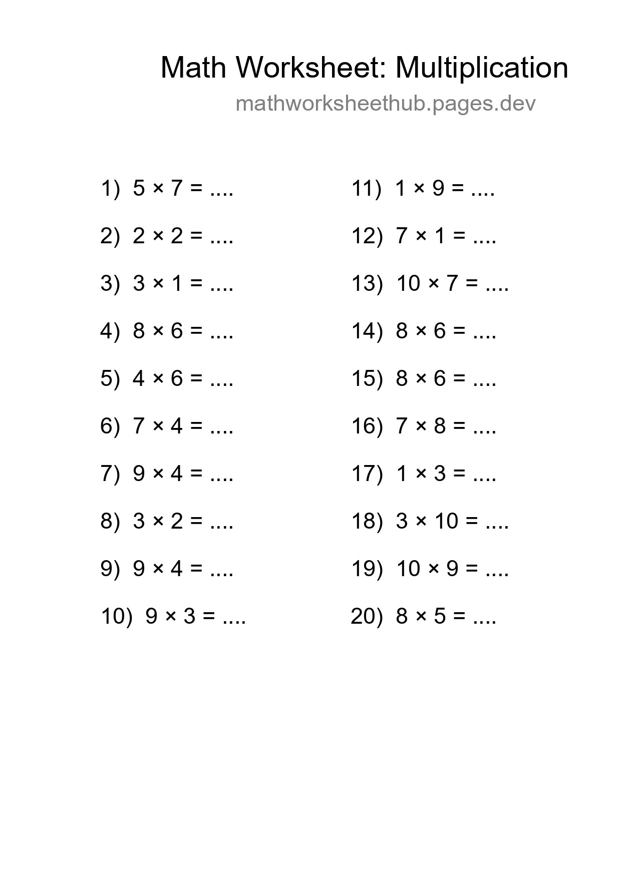 Printable Free 20 Multiplication Math Worksheet For Grade 1 - Part 87