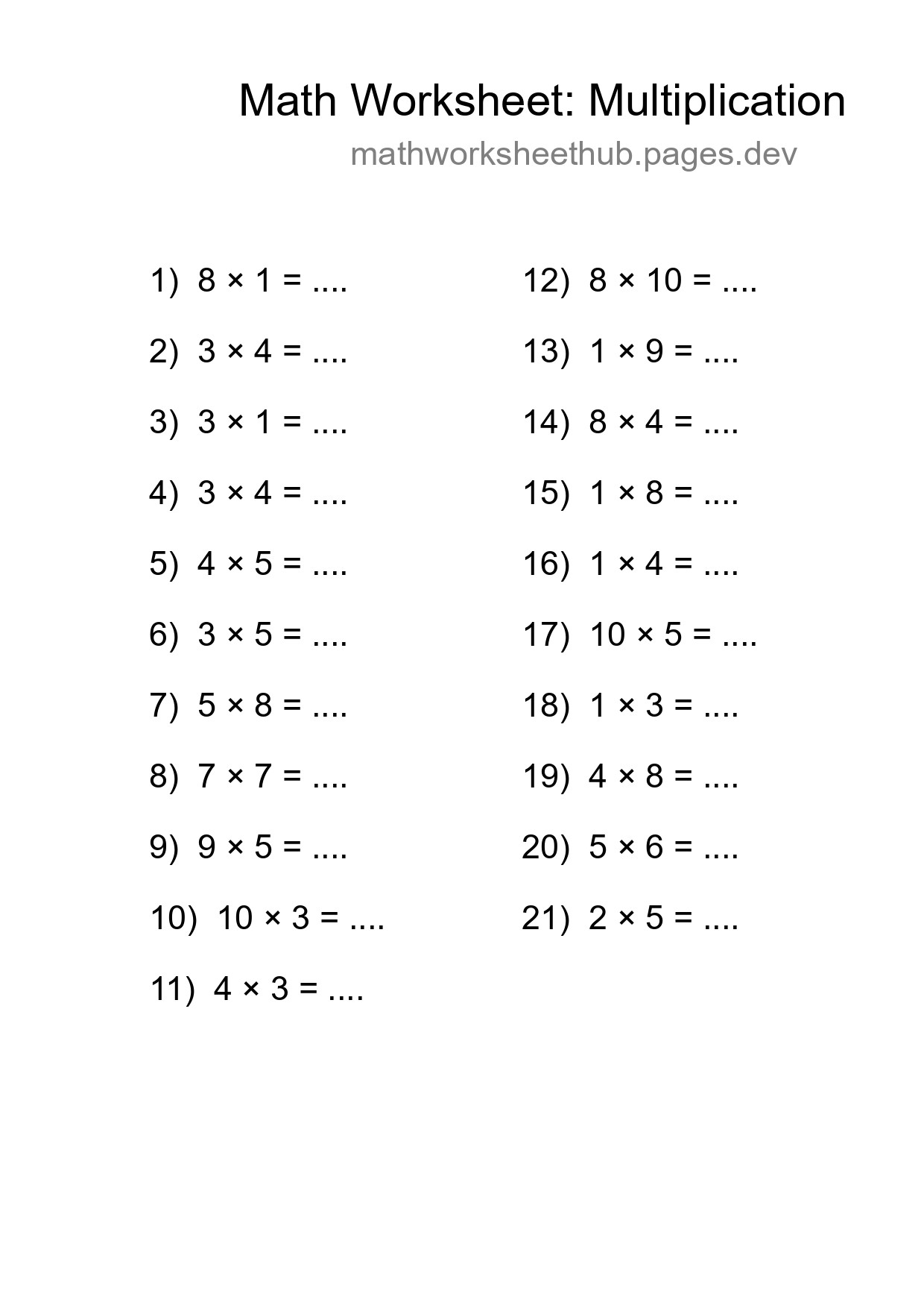 Printable Free 21 Multiplication Math Worksheet For Grade 1 - Part 147