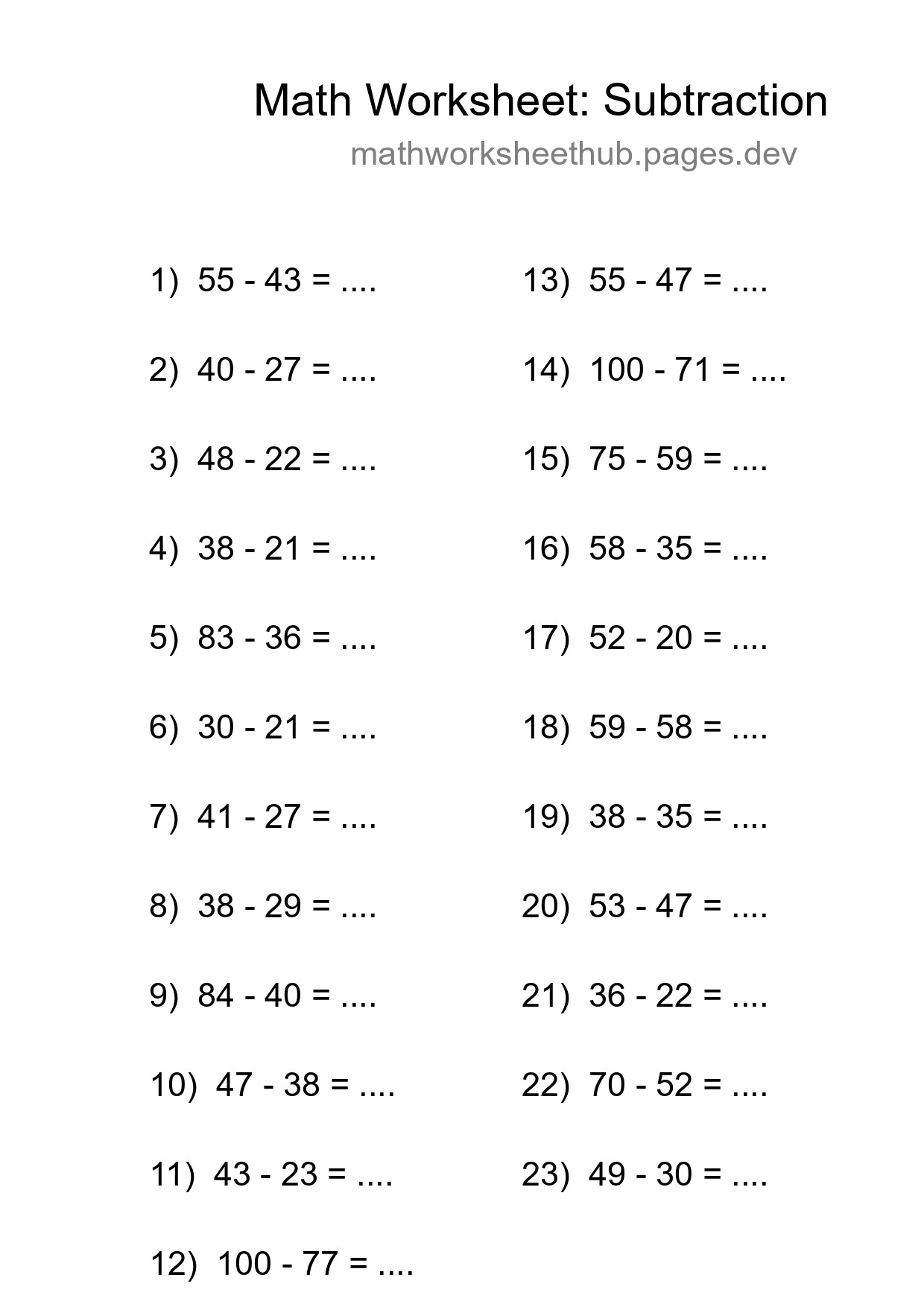 Printable Free 23 Subtraction Math Worksheet For Grade 3 - Part 48
