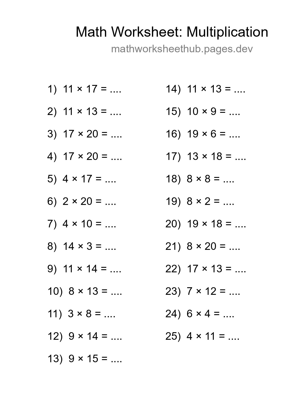 Printable Free 25 Multiplication Math Worksheet For Grade 2 - Part 117