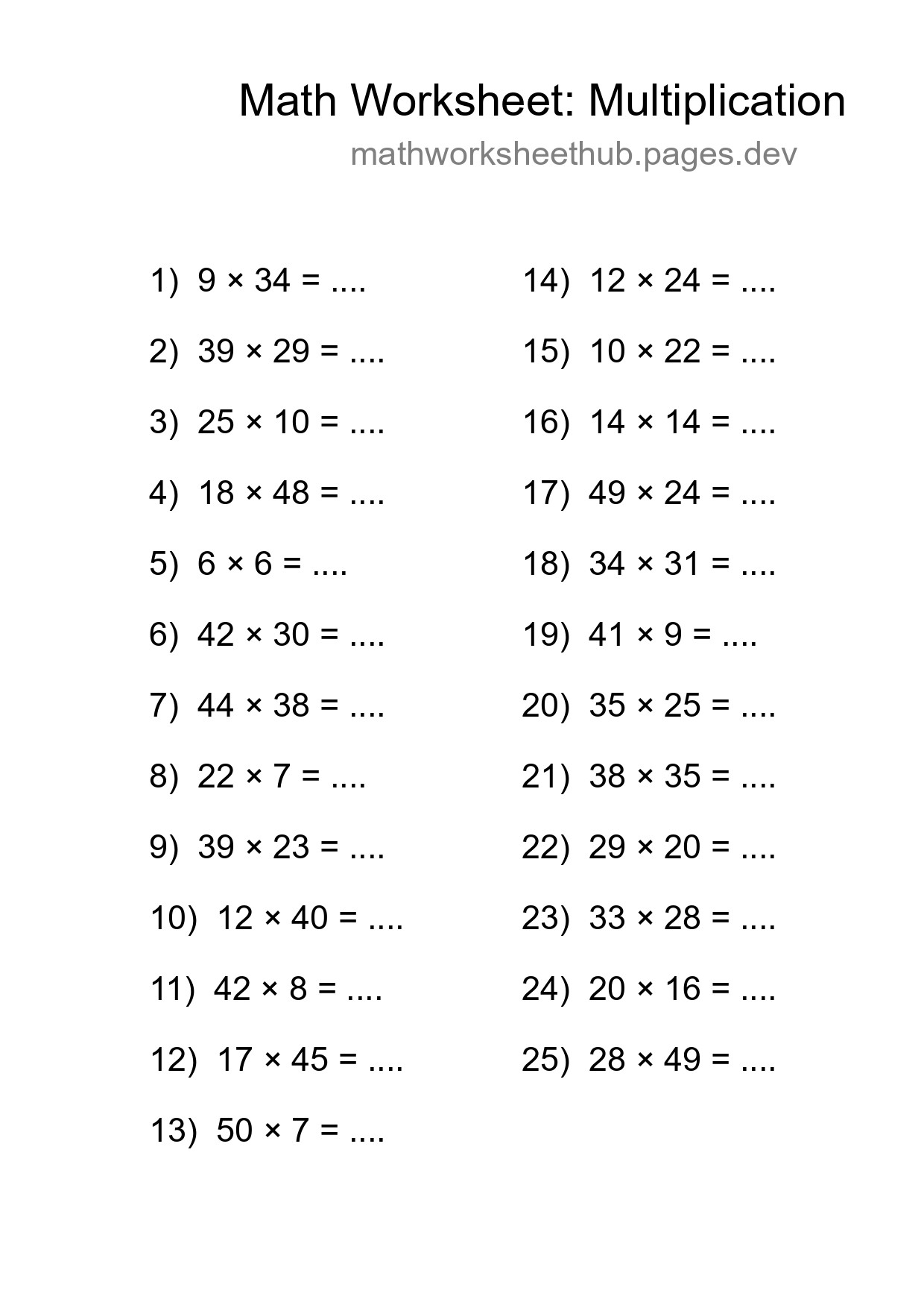 Printable Free 25 Multiplication Math Worksheet For Grade 2 - Part 217