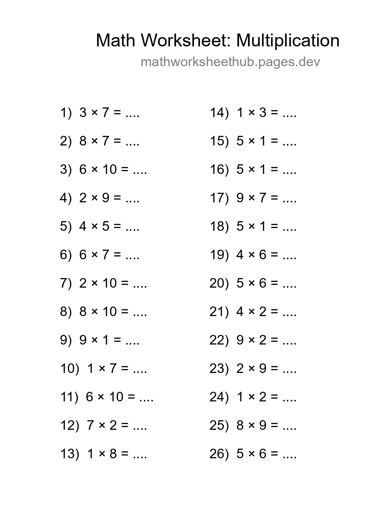 Printable Free 26 Multiplication Math Worksheet For Grade 1 - Part 17