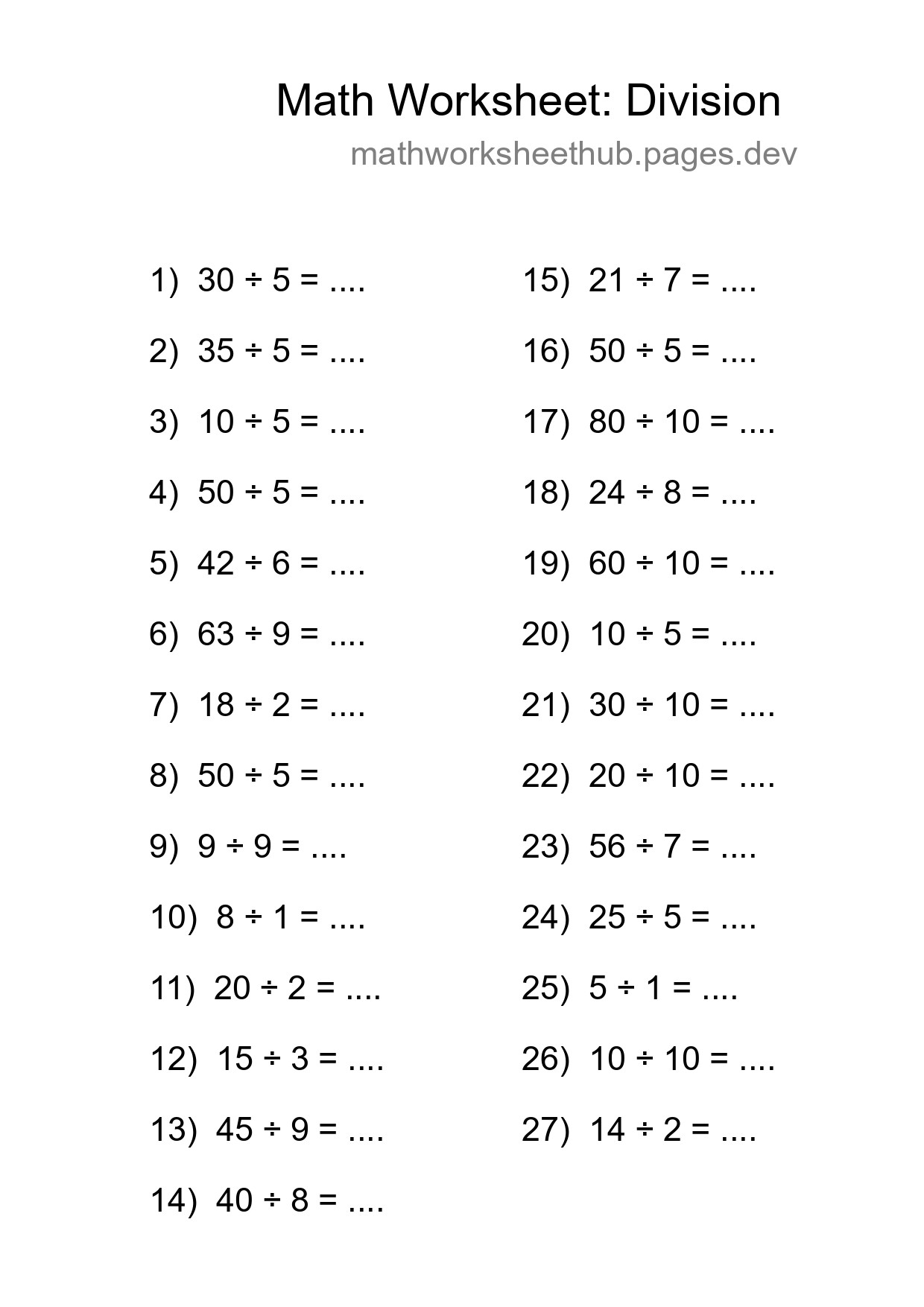 Printable Free 27 Division Math Worksheet For Grade 1 - Part 94