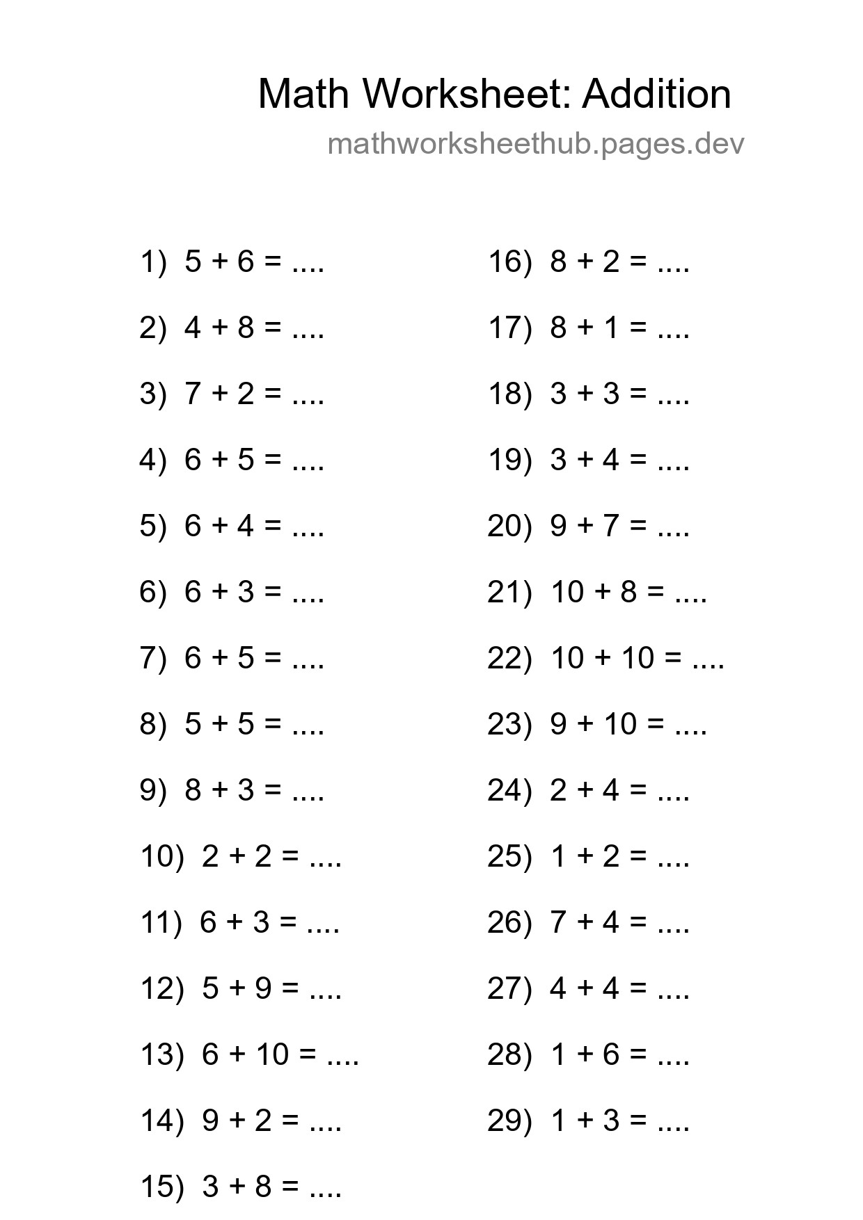 Printable Free 29 Addition Math Worksheet For Grade 1 - Part 121