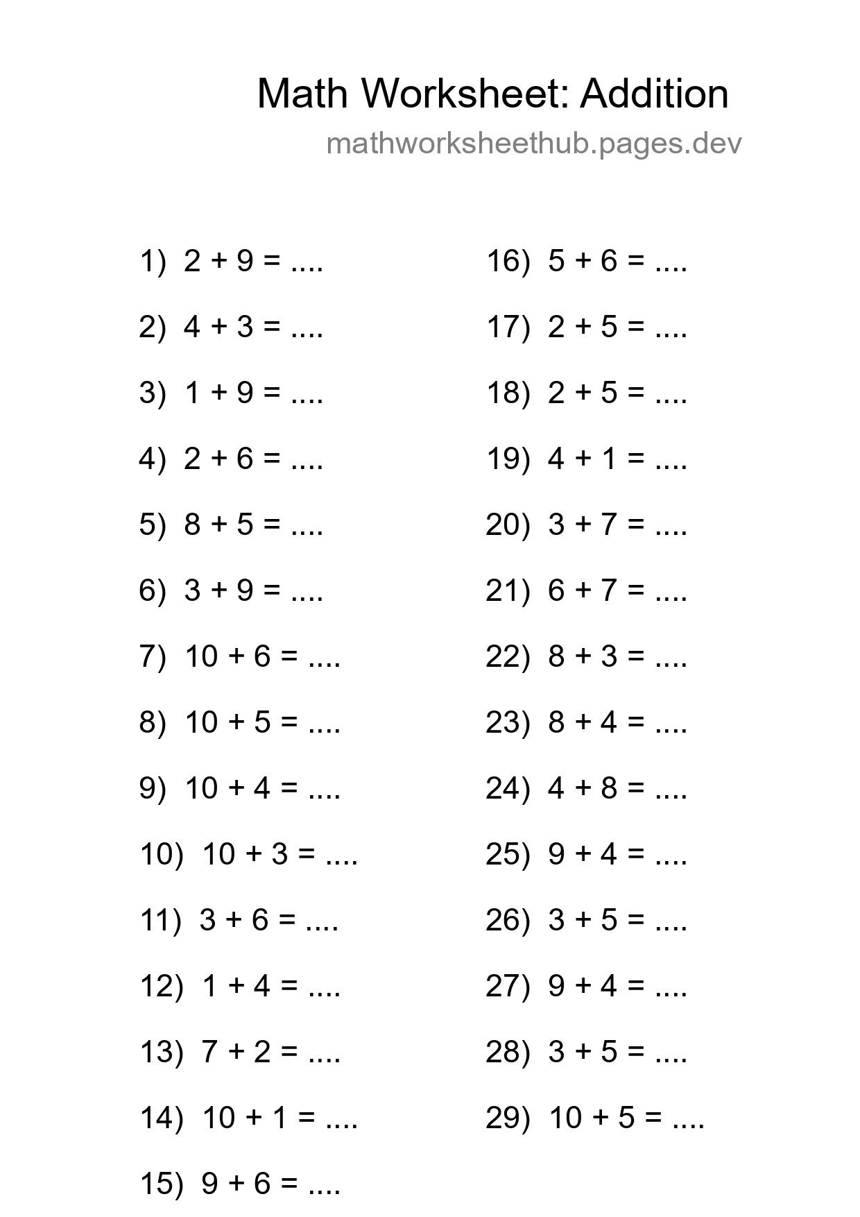 Printable Free 29 Addition Math Worksheet For Grade 1 - Part 91